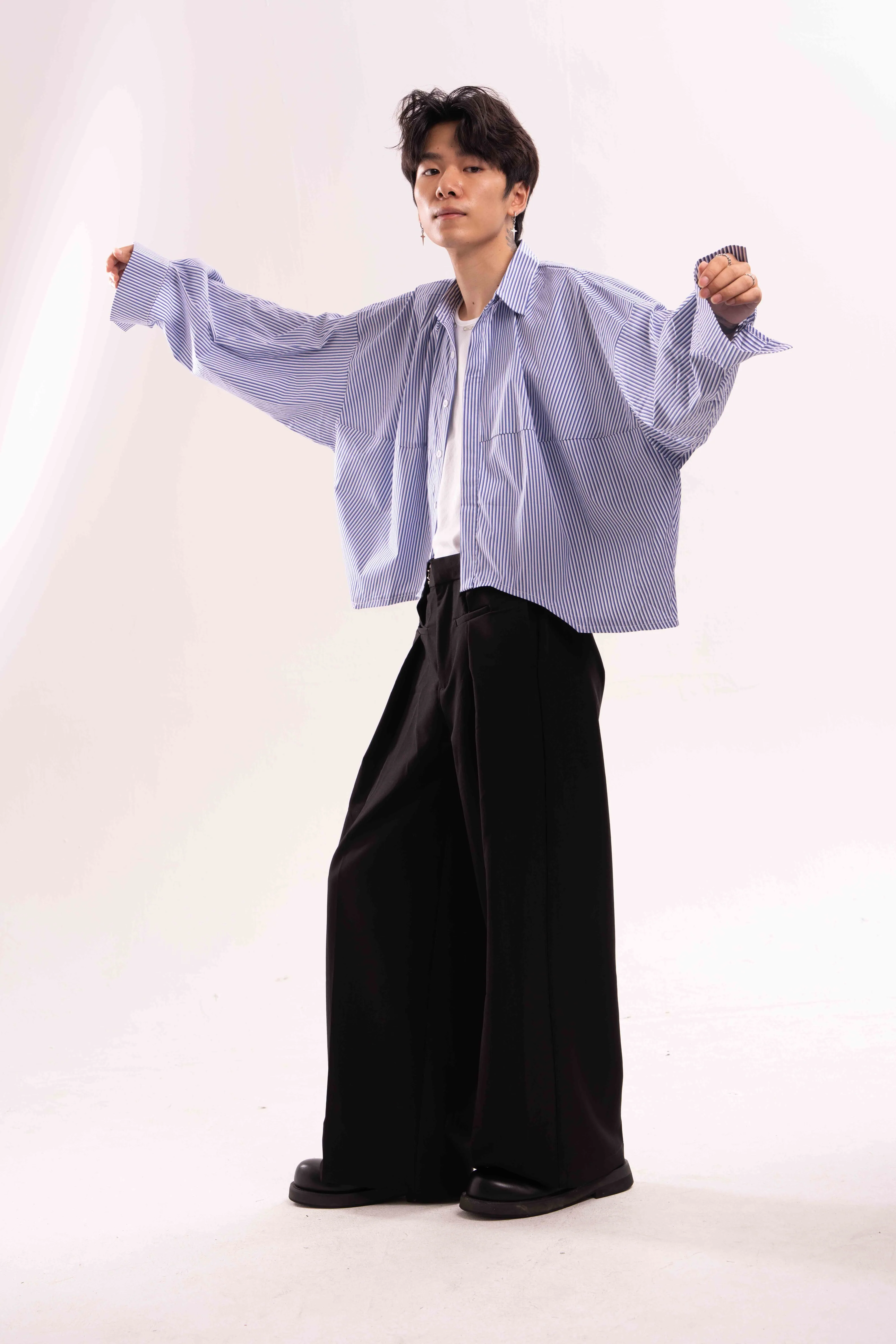 Striped Oversized Cropped Button-Up Shirt - Image 13