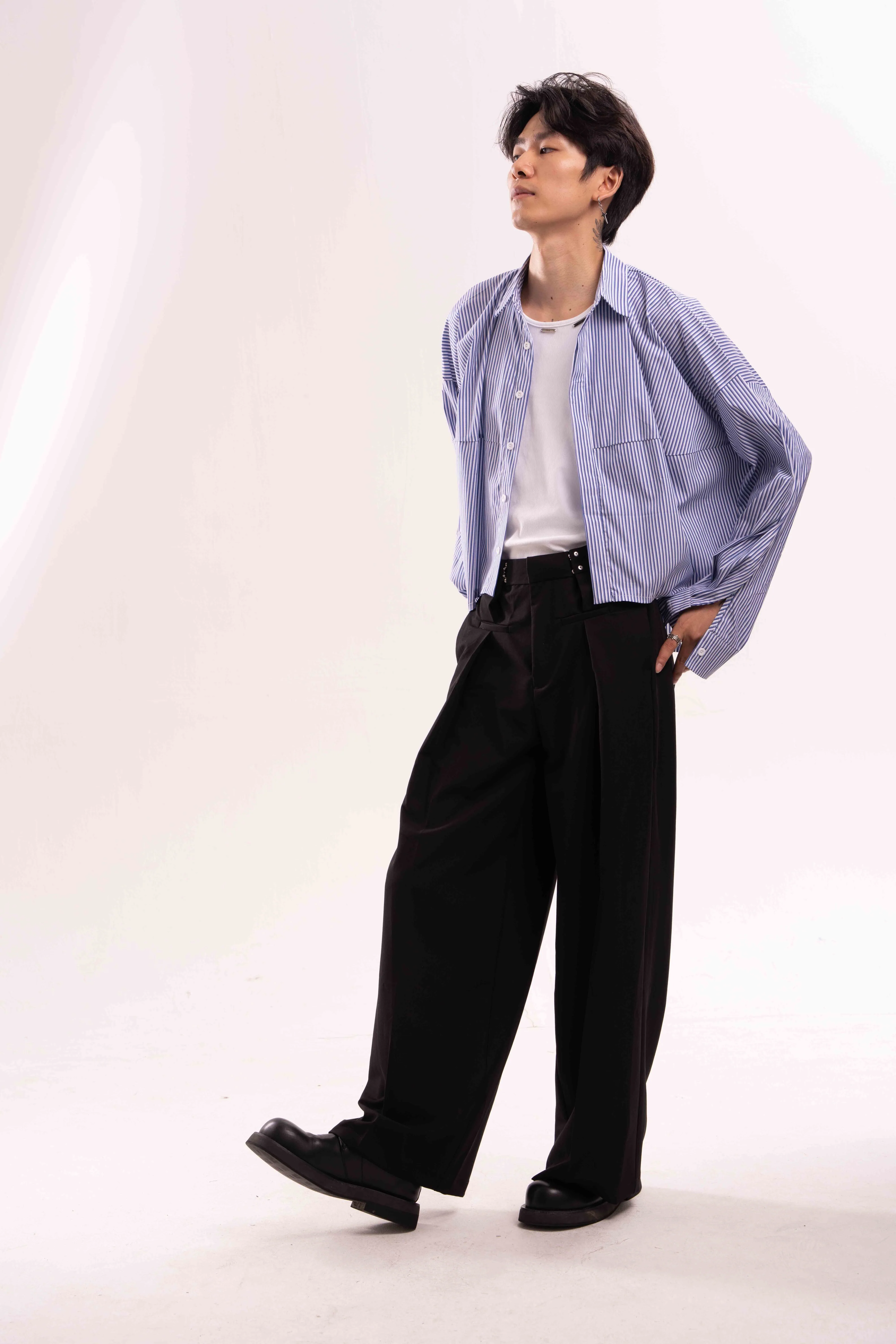 Striped Oversized Cropped Button-Up Shirt - Image 14