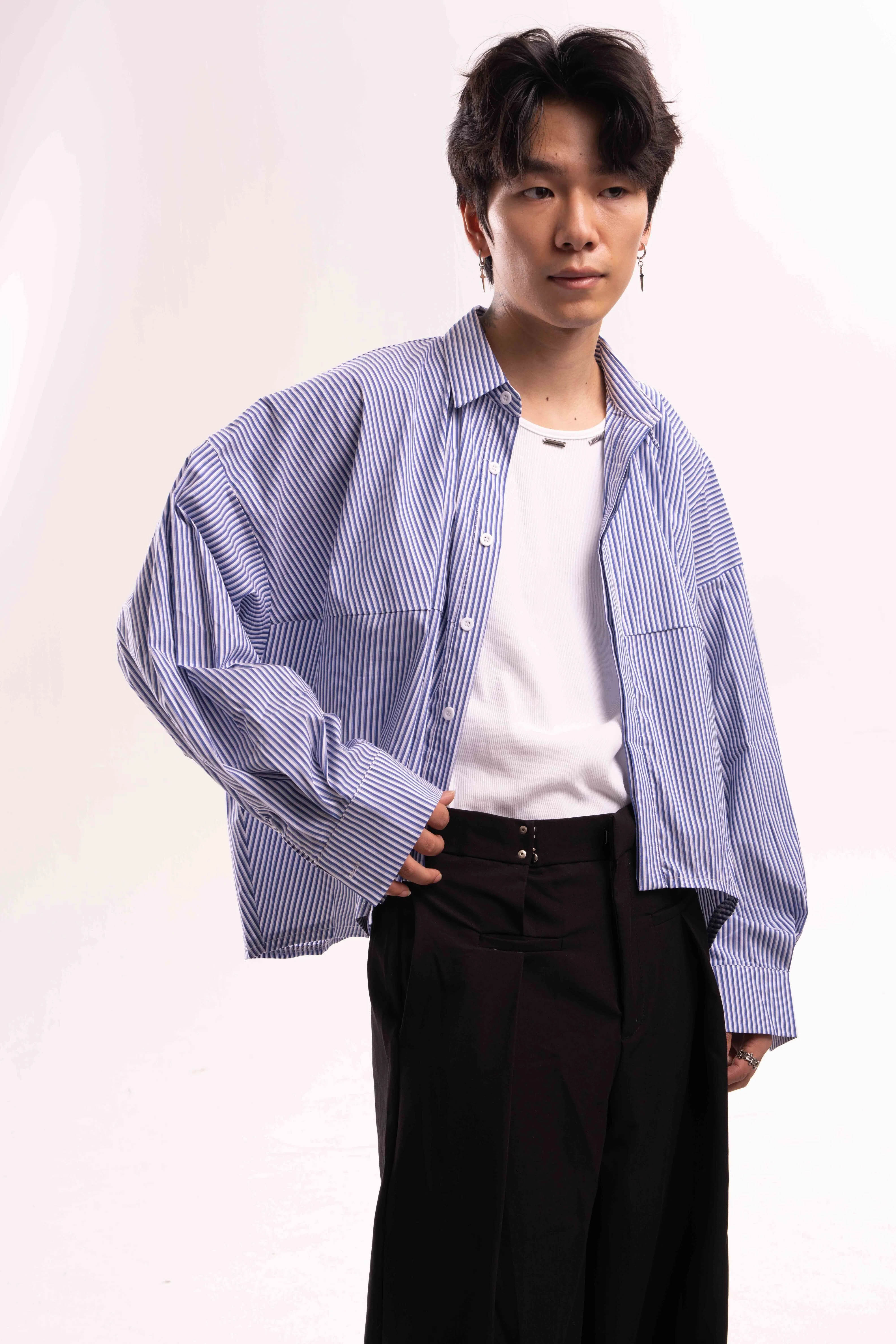 Striped Oversized Cropped Button-Up Shirt - Image 3