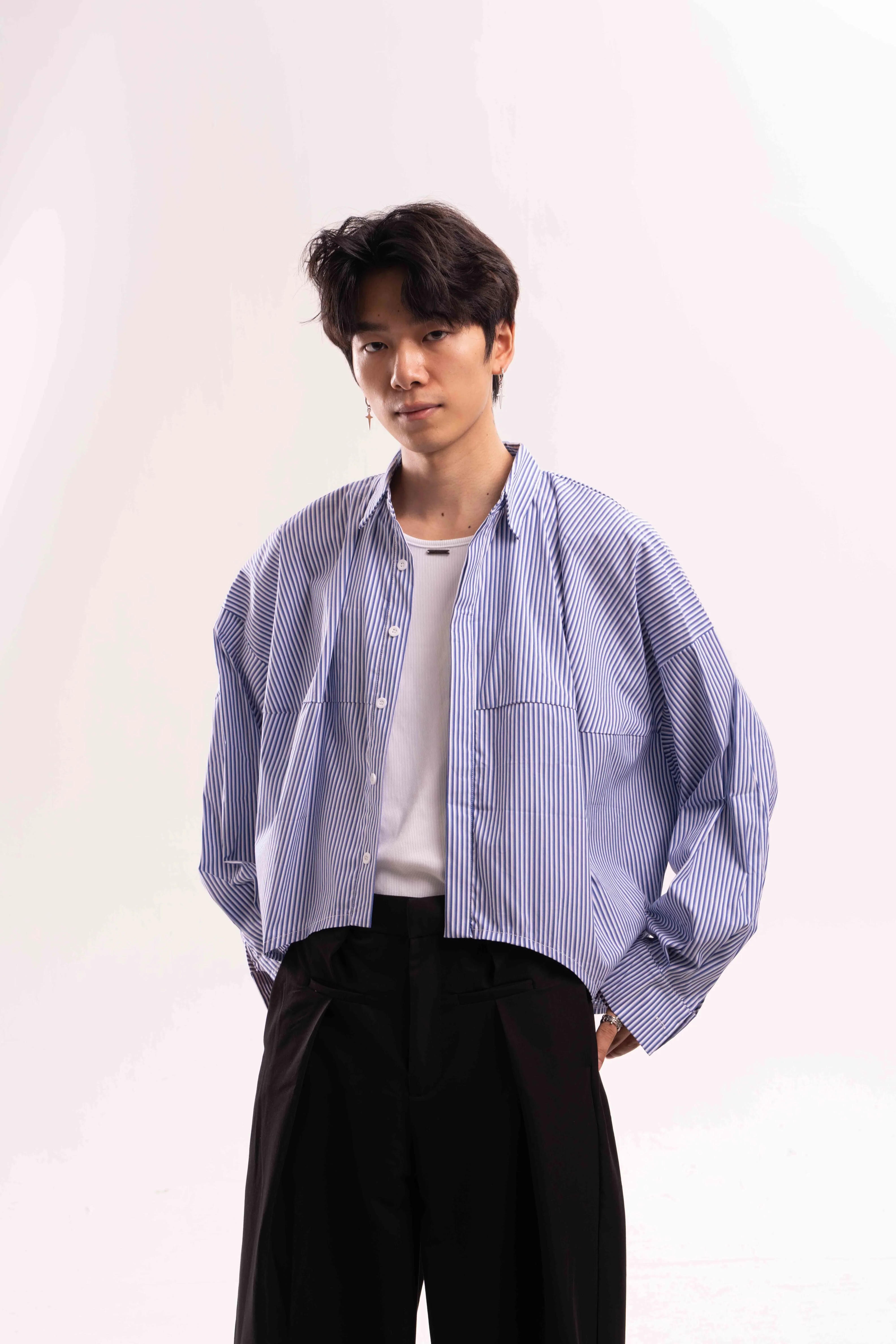 Striped Oversized Cropped Button-Up Shirt - Image 4