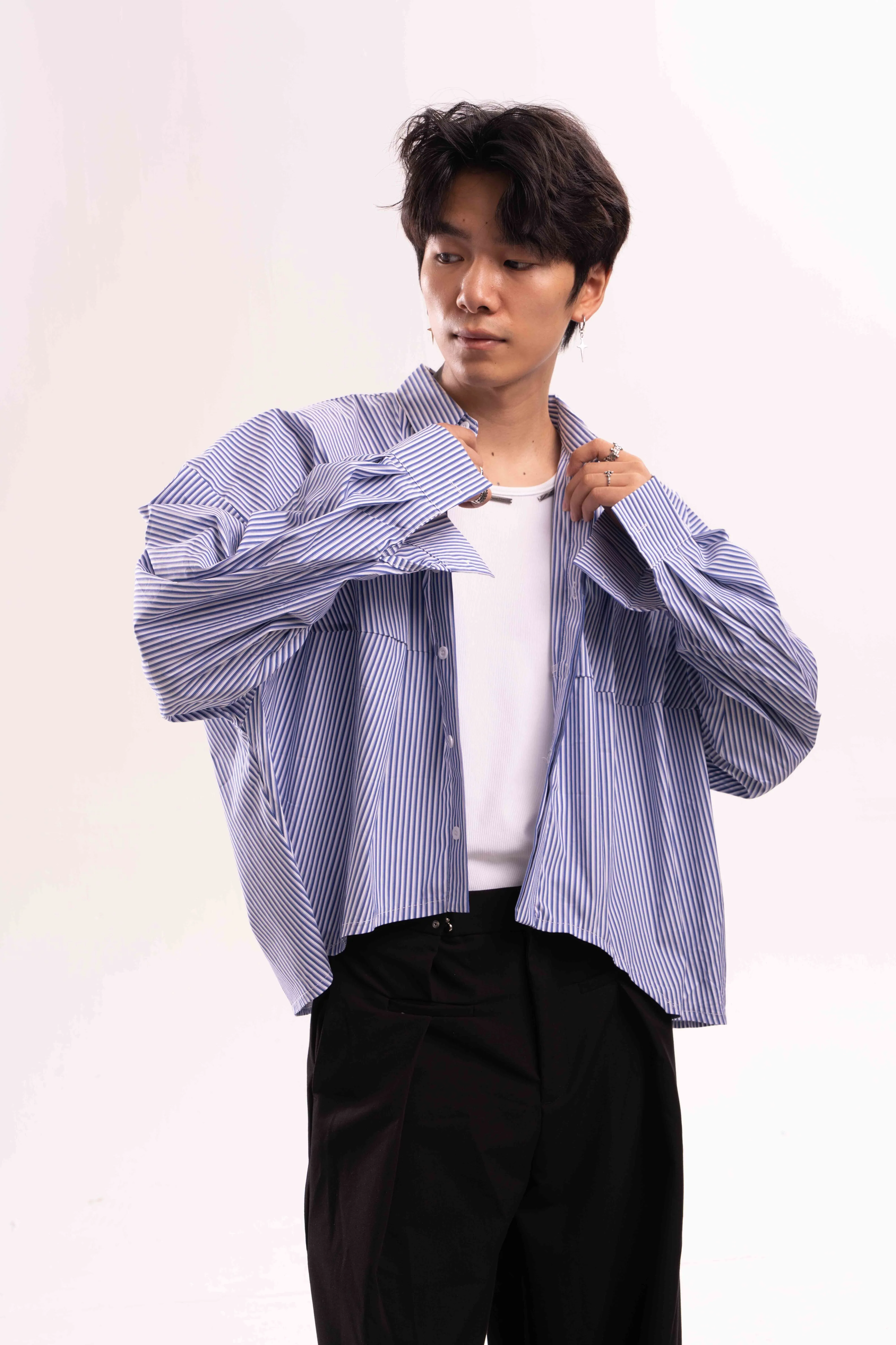 Striped Oversized Cropped Button-Up Shirt - Image 6