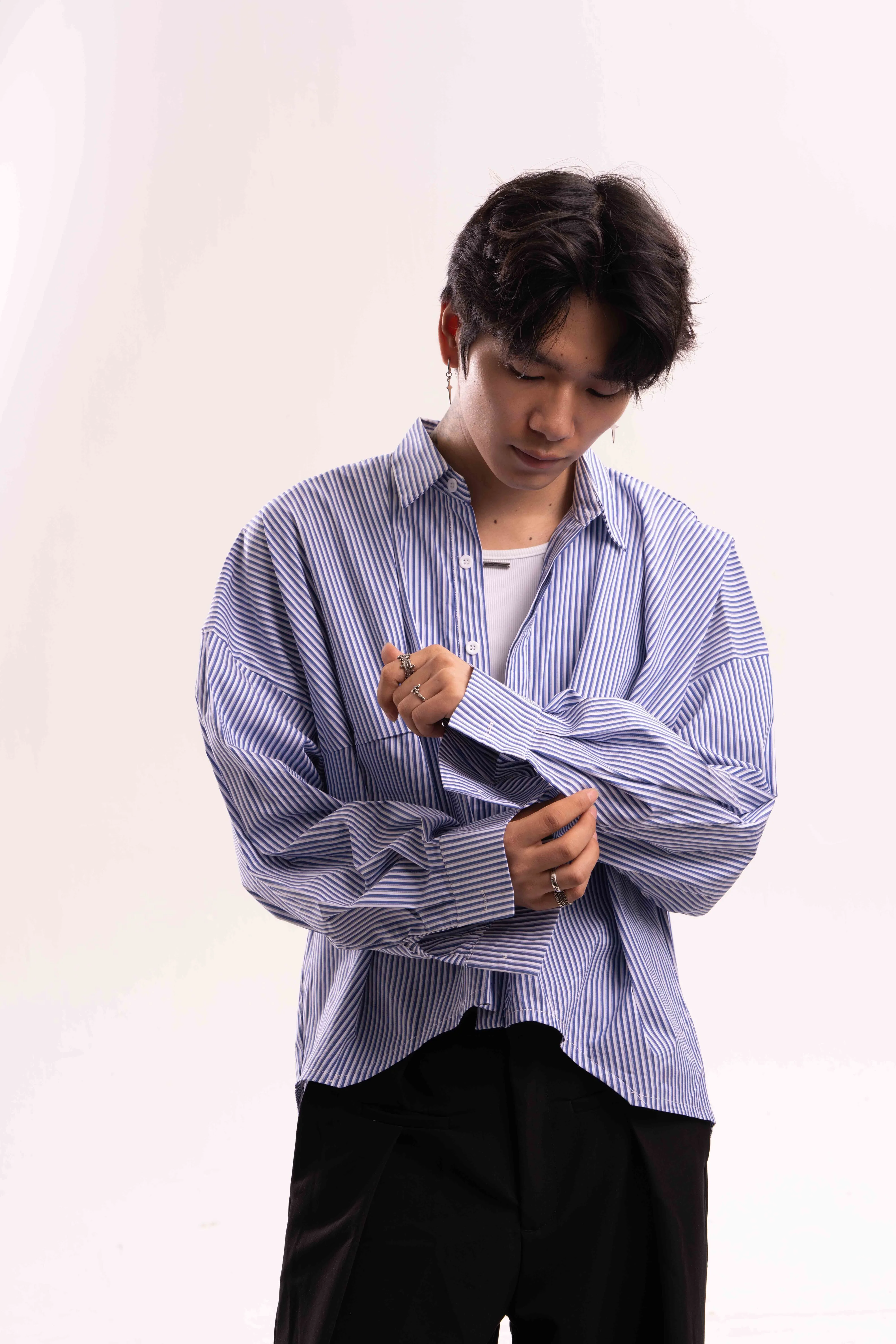 Striped Oversized Cropped Button-Up Shirt - Image 7