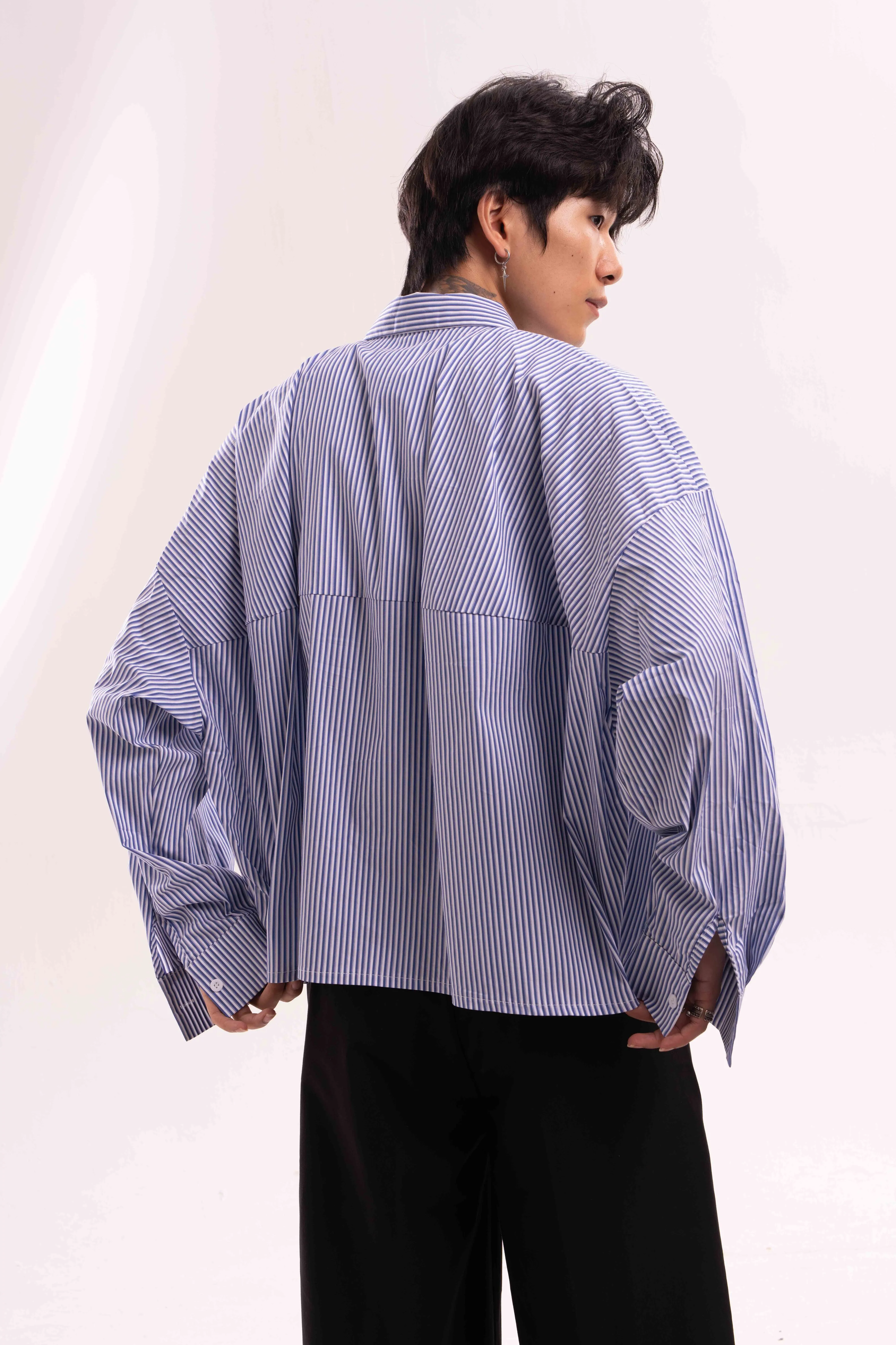 Striped Oversized Cropped Button-Up Shirt - Image 8