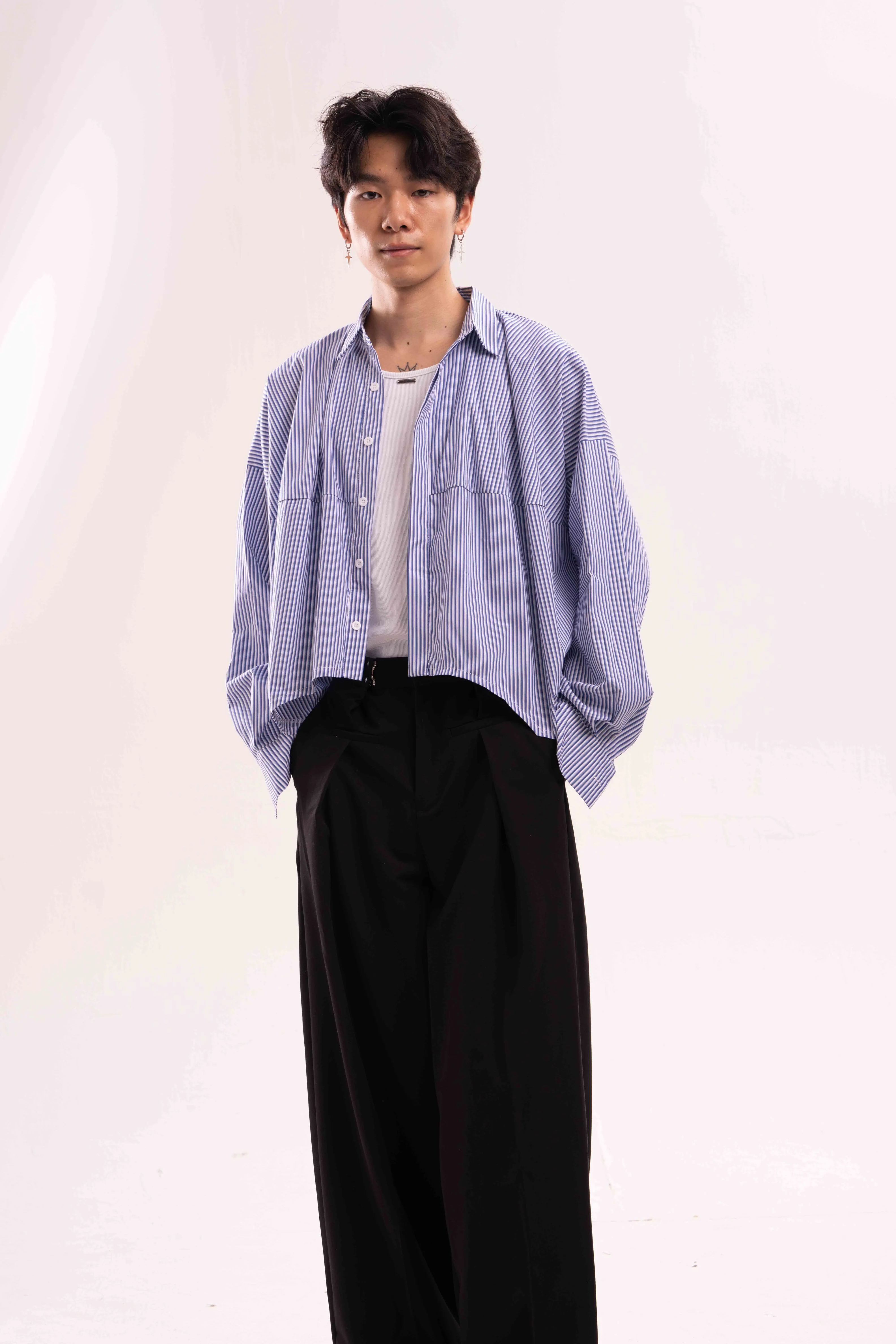 Striped Oversized Cropped Button-Up Shirt - Image 9
