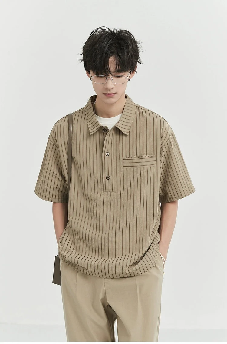Striped Short Sleeve Half Button-Up Shirt - Image 10