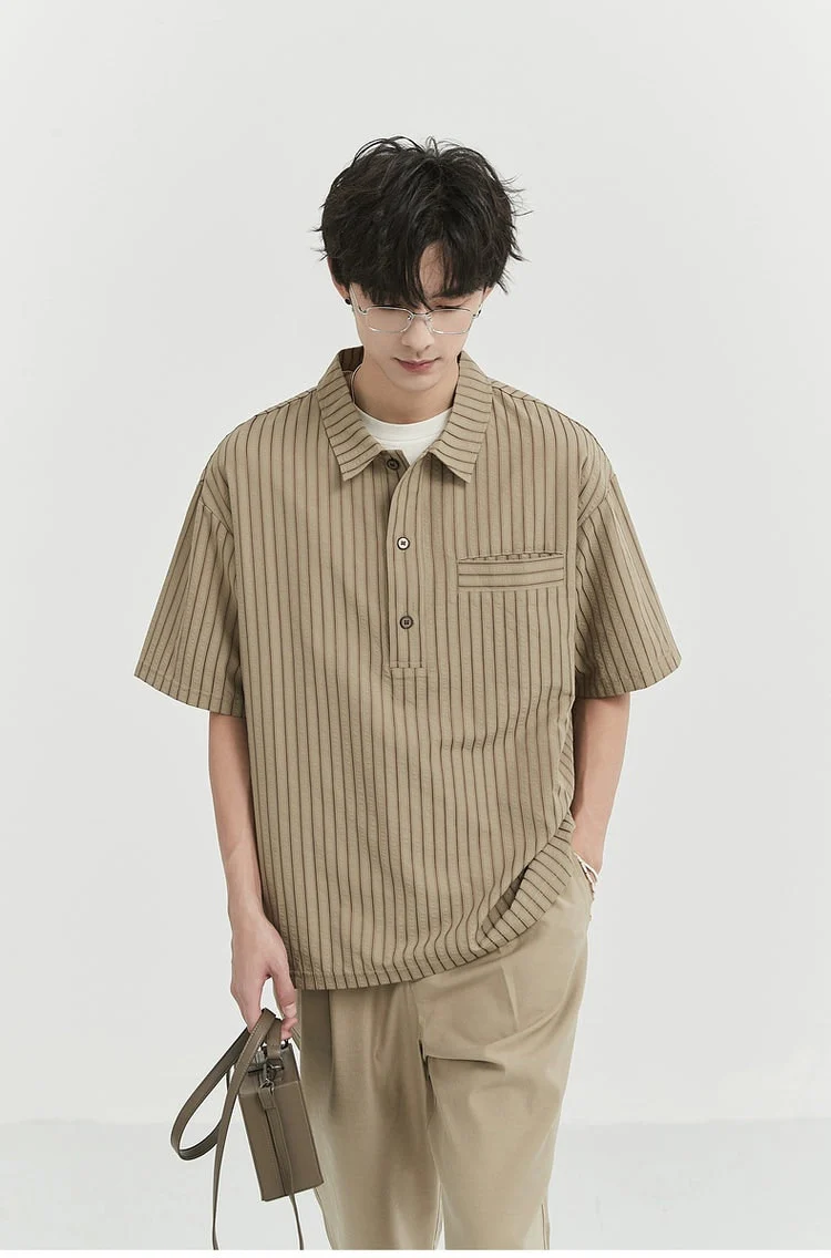 Striped Short Sleeve Half Button-Up Shirt - Image 11