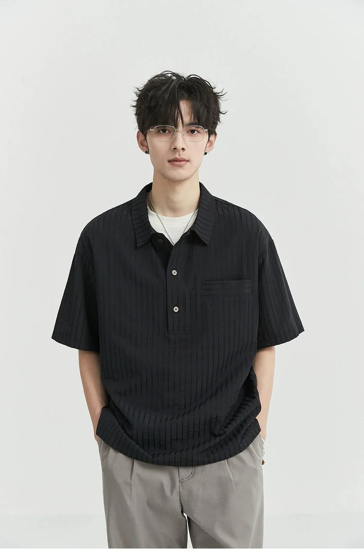 Striped Short Sleeve Half Button-Up Shirt - Image 13