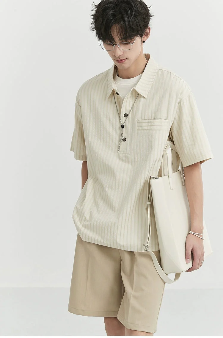 Striped Short Sleeve Half Button-Up Shirt - Image 2
