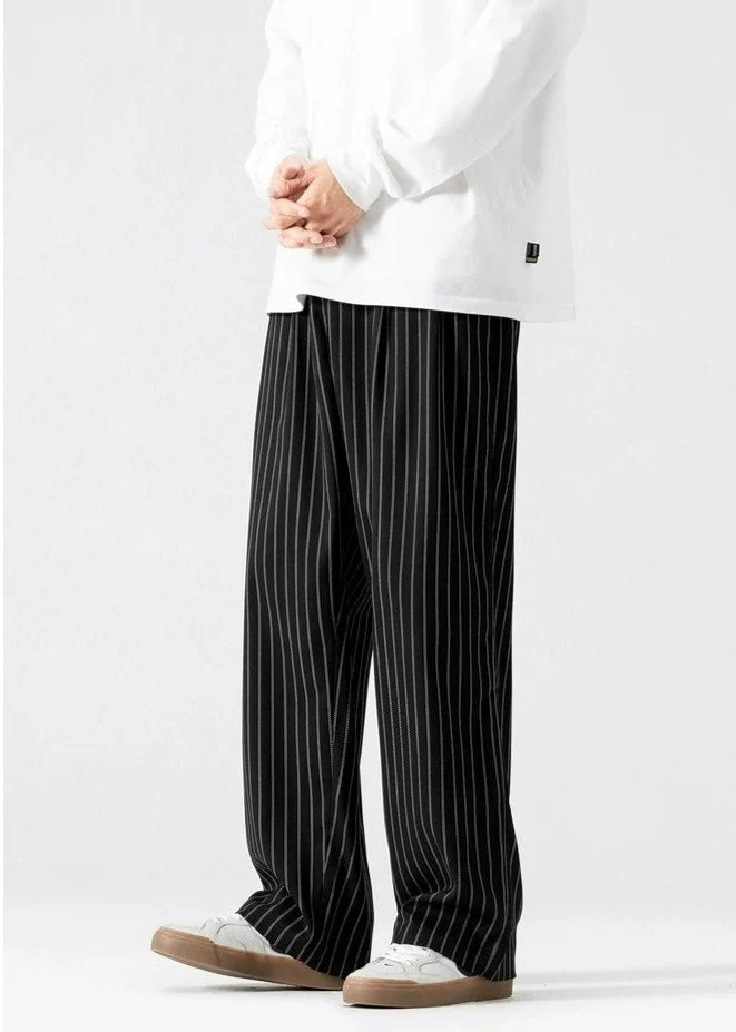 Striped Staight-Leg Elastic Waist Trousers - Image 5