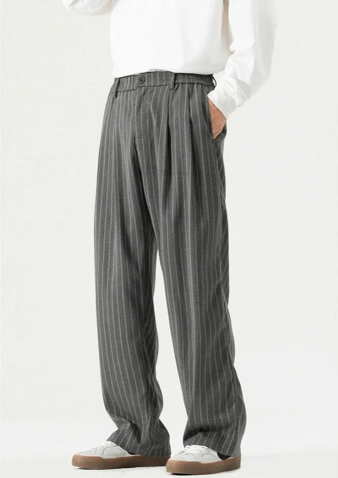 Striped Staight-Leg Elastic Waist Trousers - Image 6