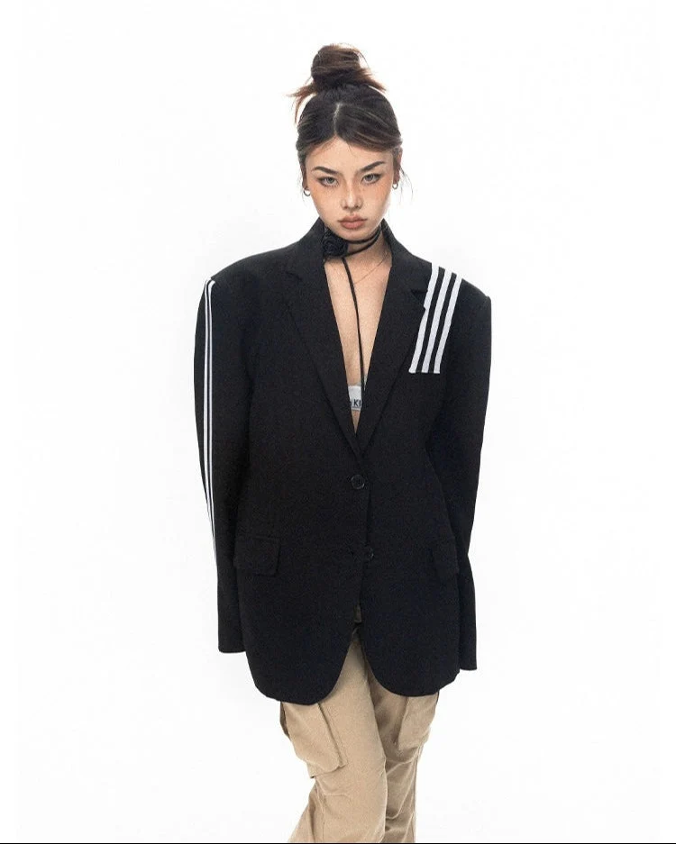 Striped Trim Single-Breasted Blazer Jacket - Image 4