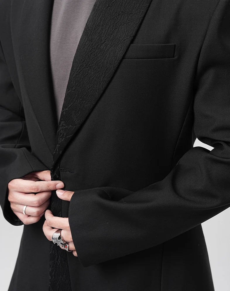 Structured Asymmetric Embroidered Lapel Tailored Blazer - Image 7