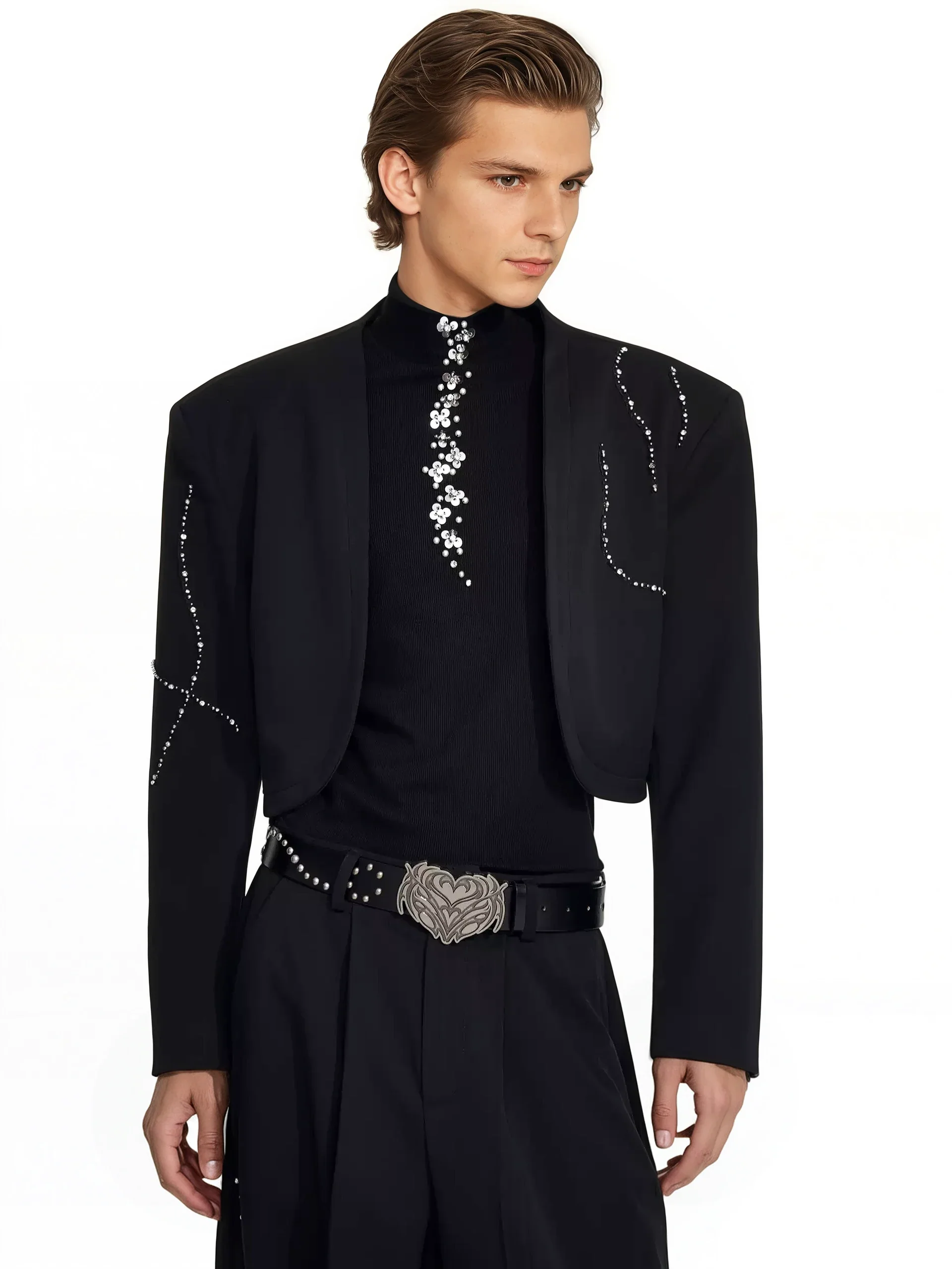 Structured Curve-Panel Cropped Blazer with Embellished Detailing and Wide Leg Pants Two-Piece Set - Image 4