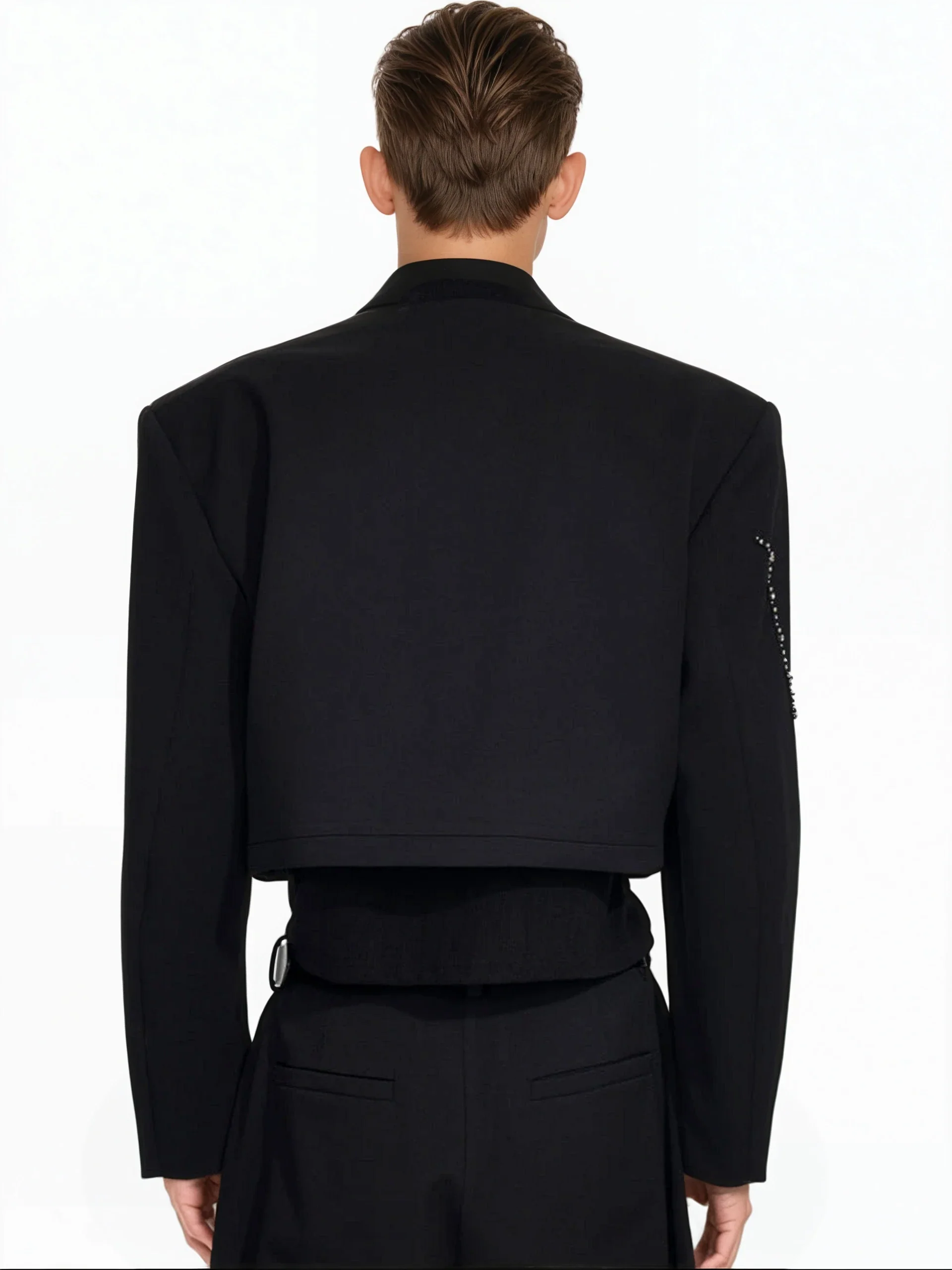 Structured Curve-Panel Cropped Blazer with Embellished Detailing and Wide Leg Pants Two-Piece Set - Image 5