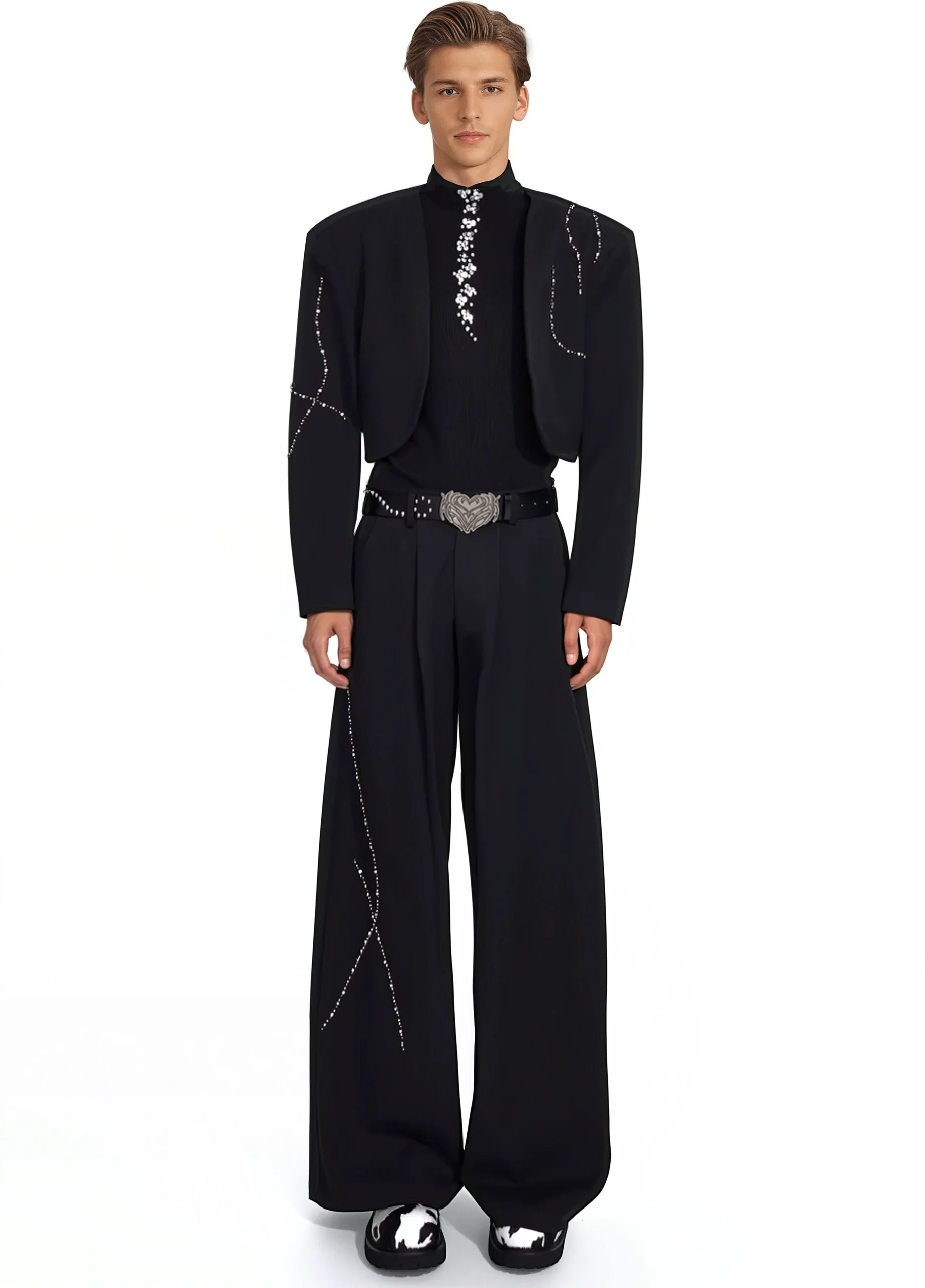 Structured Curve-Panel Cropped Blazer with Embellished Detailing and Wide Leg Pants Two-Piece Set - Image 6