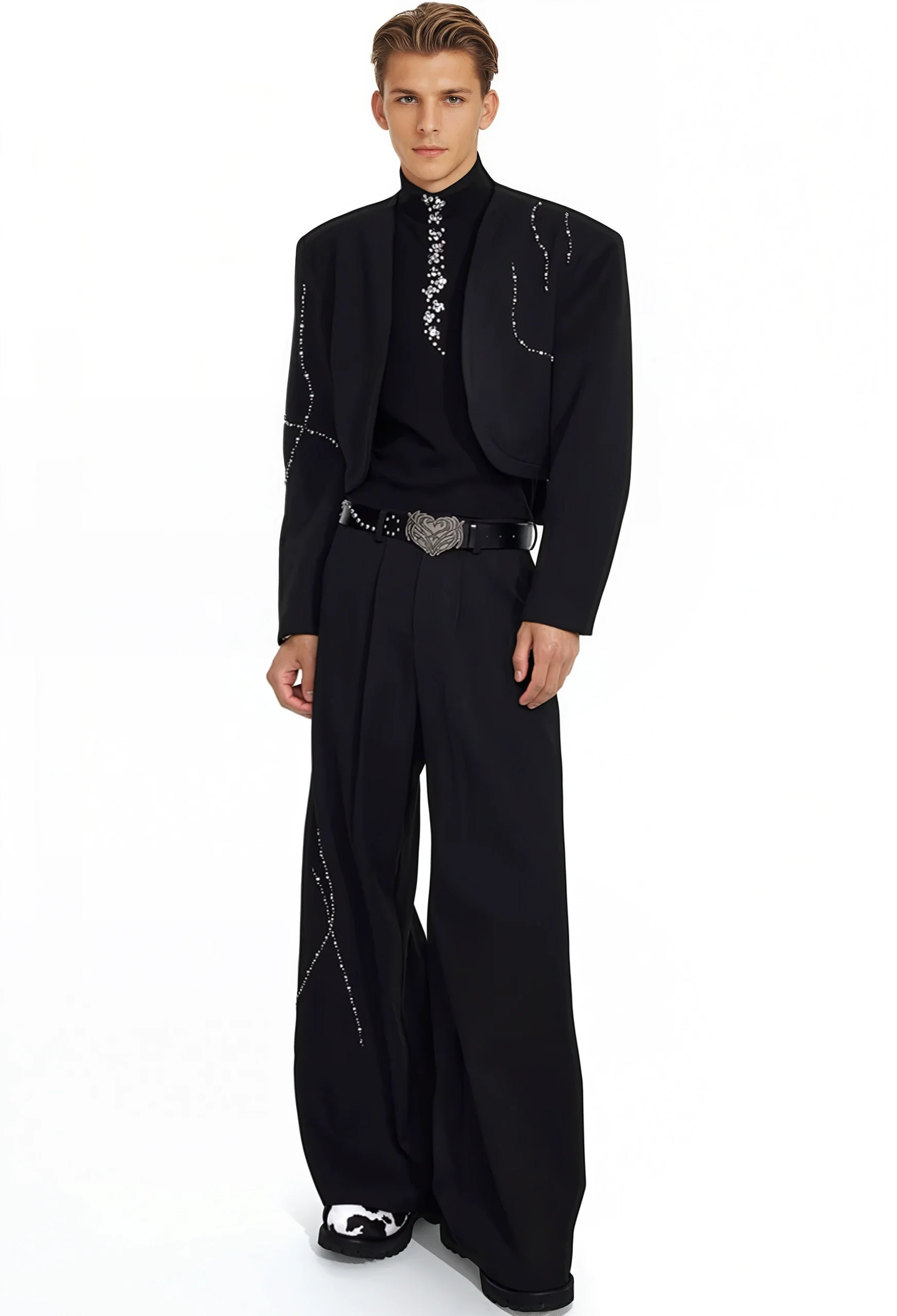 Structured Curve-Panel Cropped Blazer with Embellished Detailing and Wide Leg Pants Two-Piece Set - Image 7