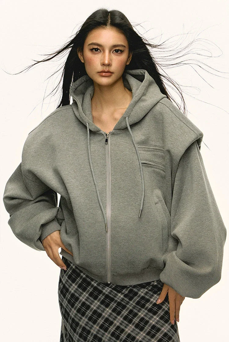 Structured Drop Shoulder Oversized Zip Hoodie Jacket - Image 3