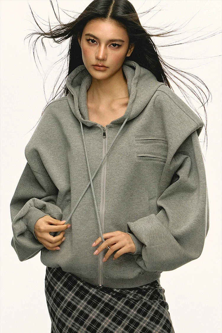 Structured Drop Shoulder Oversized Zip Hoodie Jacket - Image 6