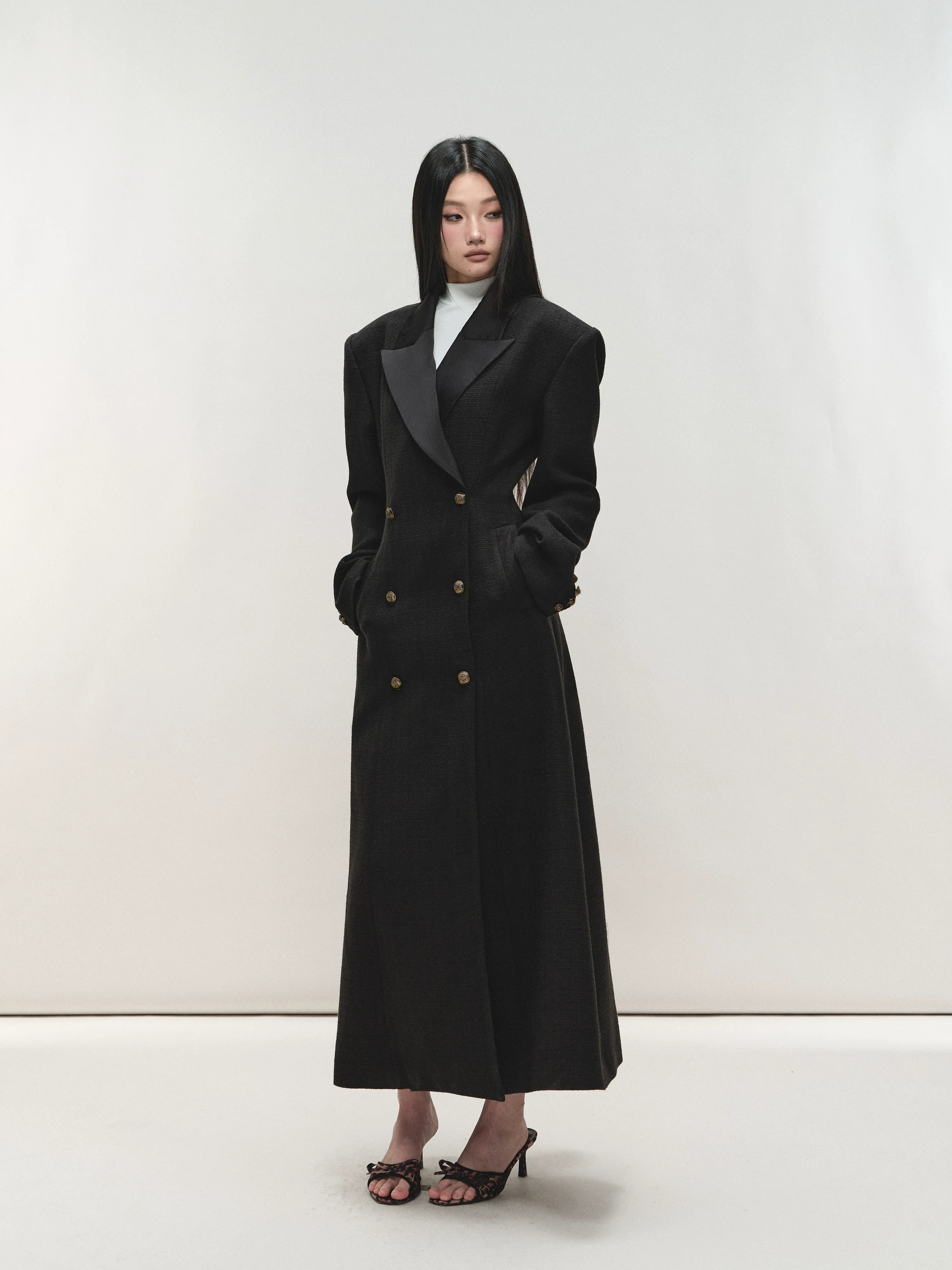 Structured Lapel Detail Double-Breasted Tweed Long Overcoat