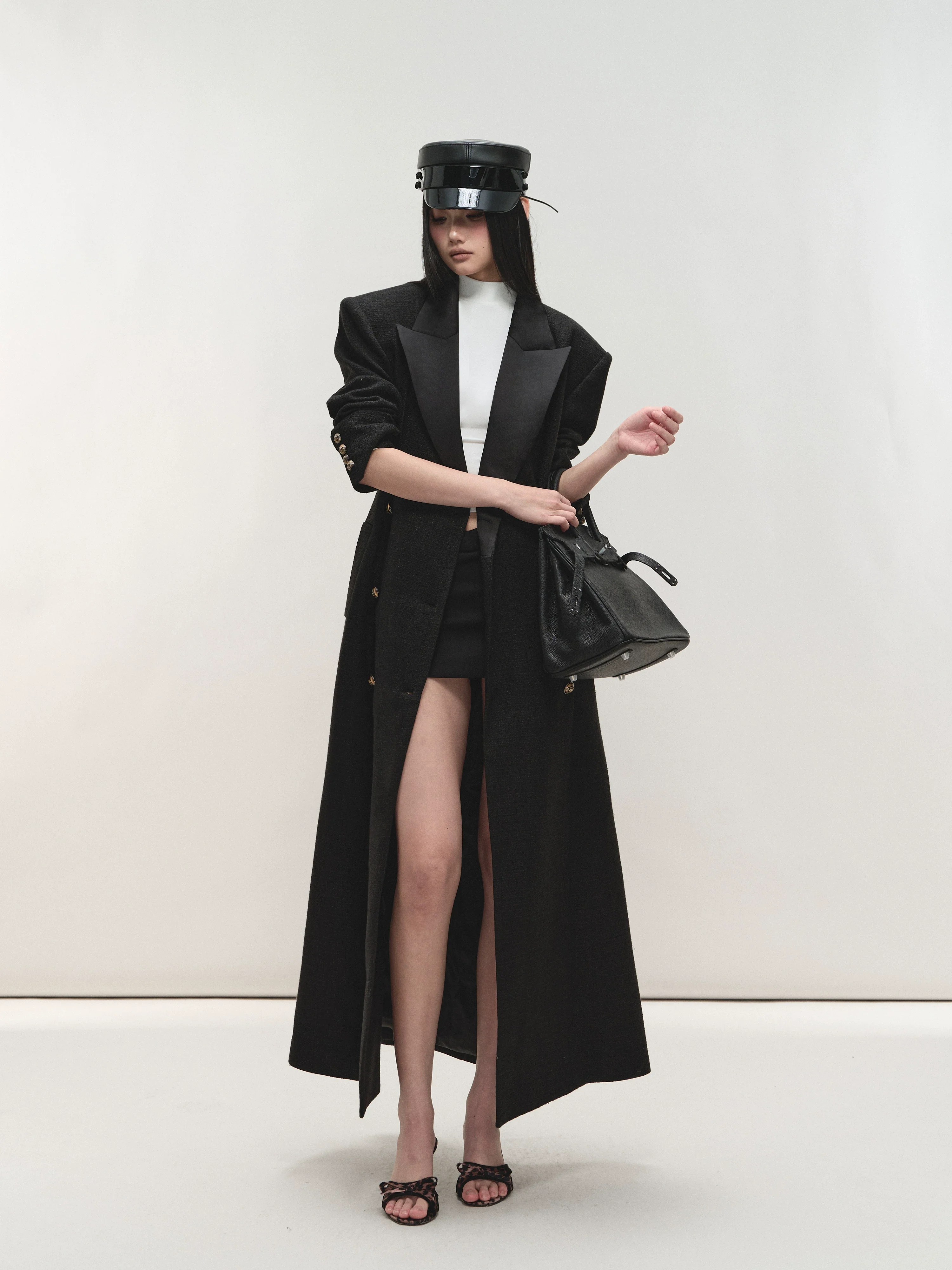 Structured Lapel Detail Double-Breasted Tweed Long Overcoat - Image 2