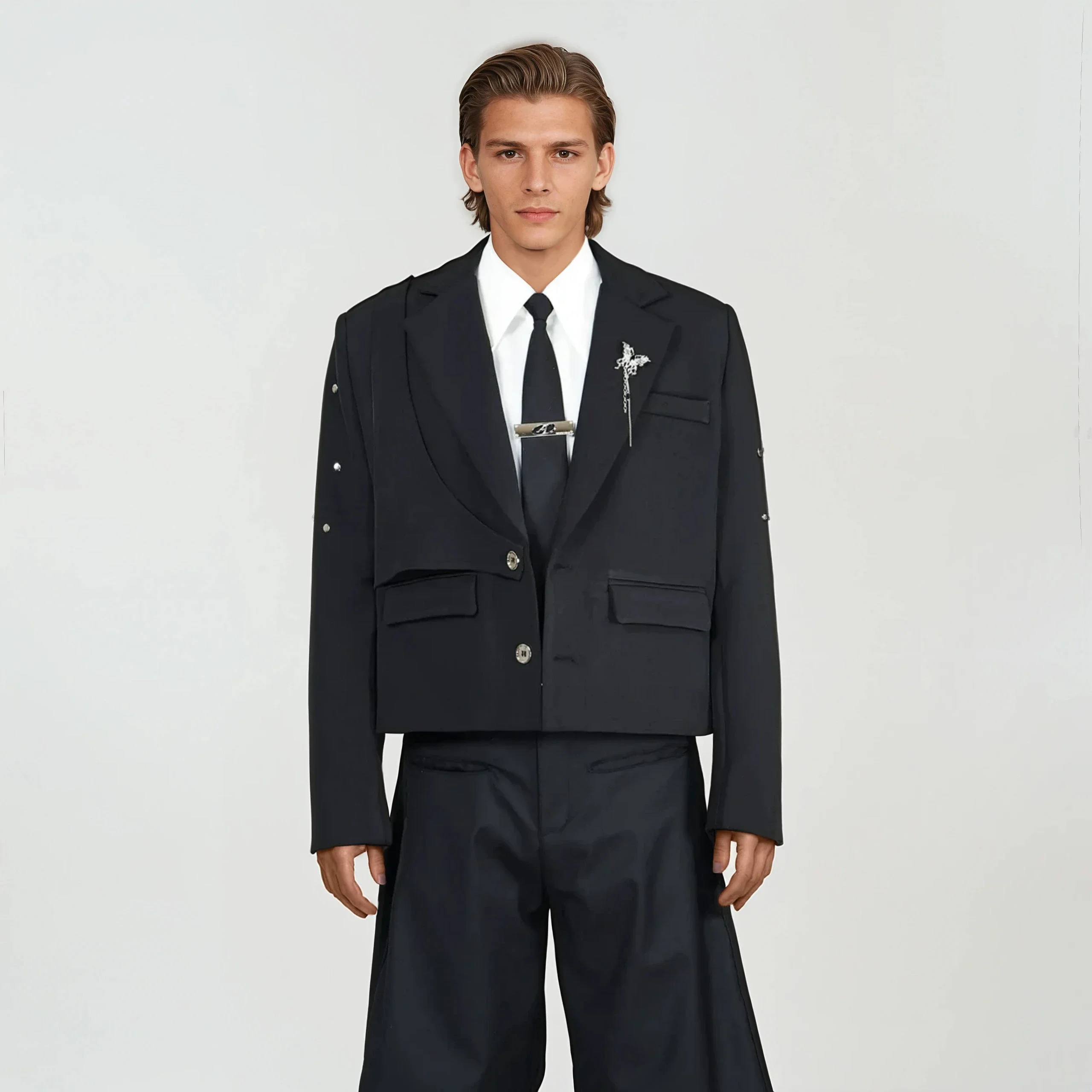 Structured Mid Crop Blazer with Metal Stud Details