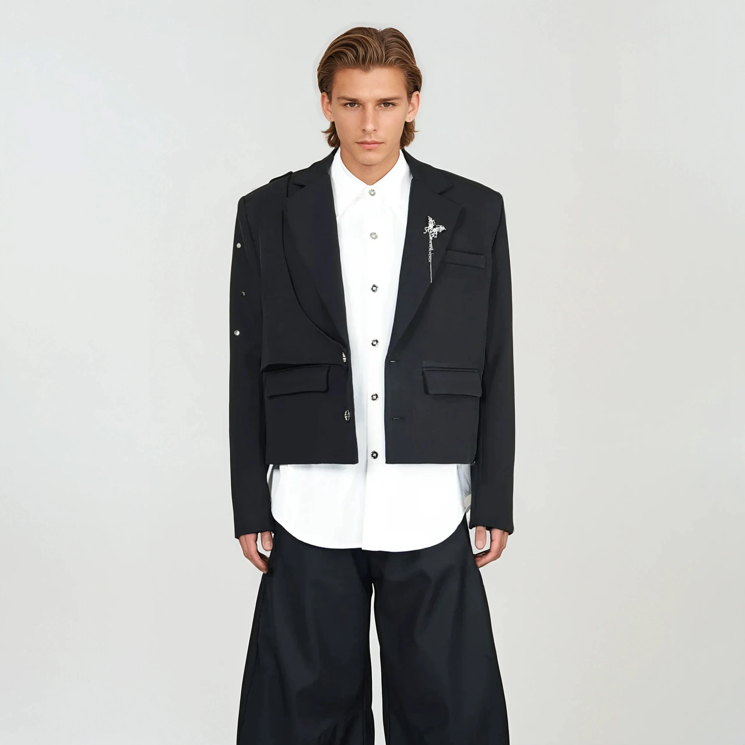 Structured Mid Crop Blazer with Metal Stud Details - Image 2