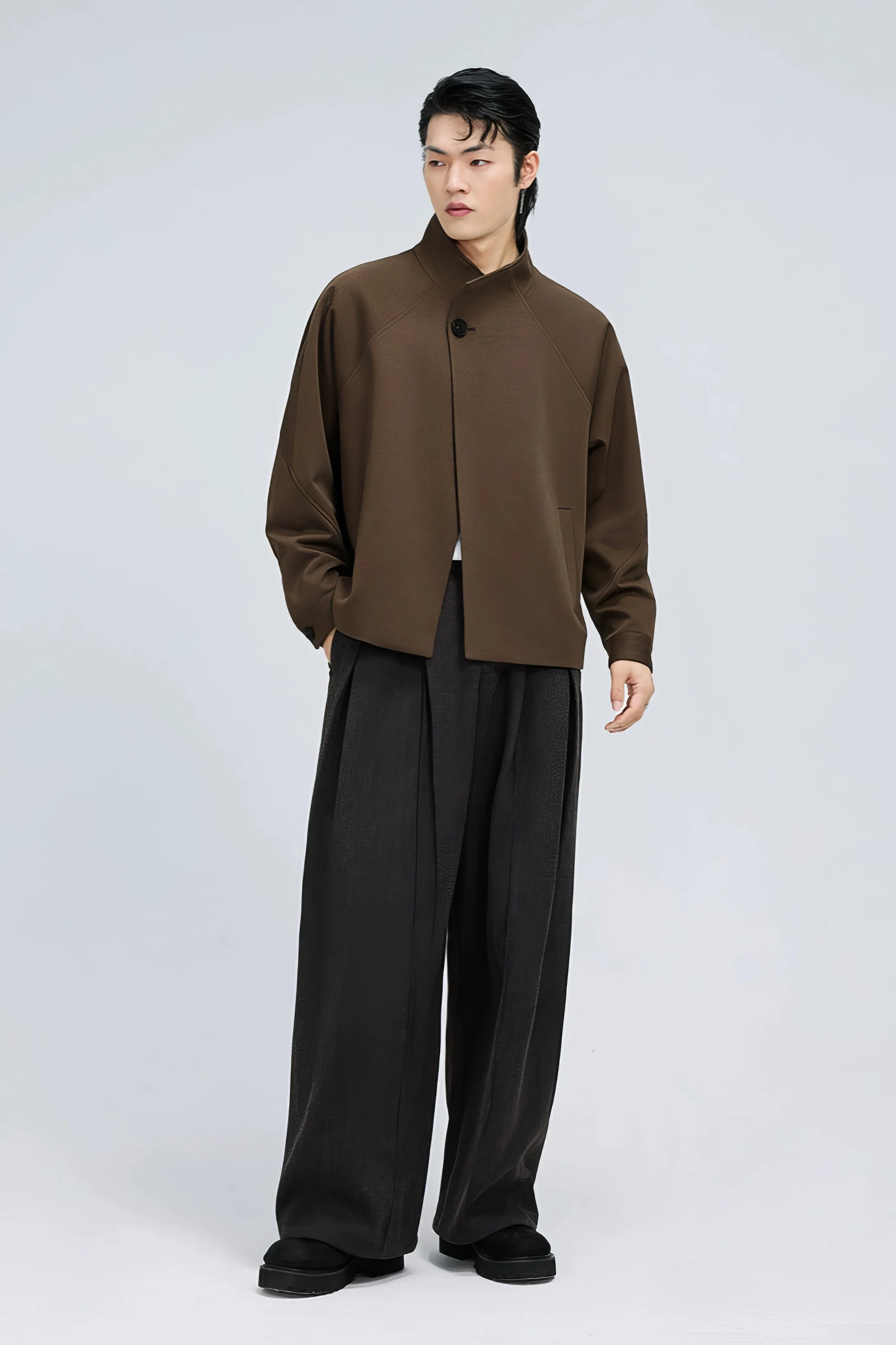 Structured Stand Collar Single Button Jacket with Pockets - Image 5
