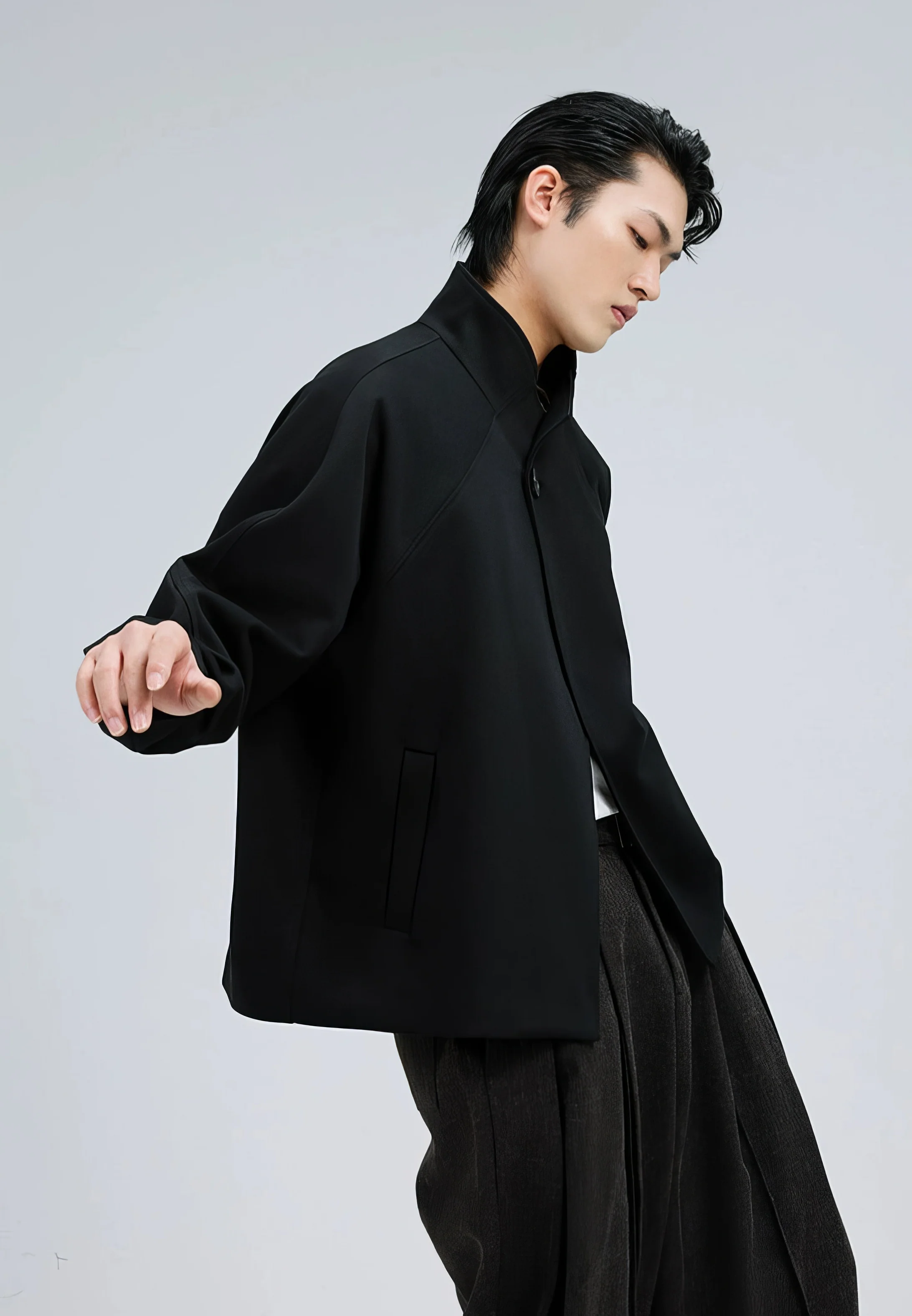 Structured Stand Collar Single Button Jacket with Pockets - Image 7