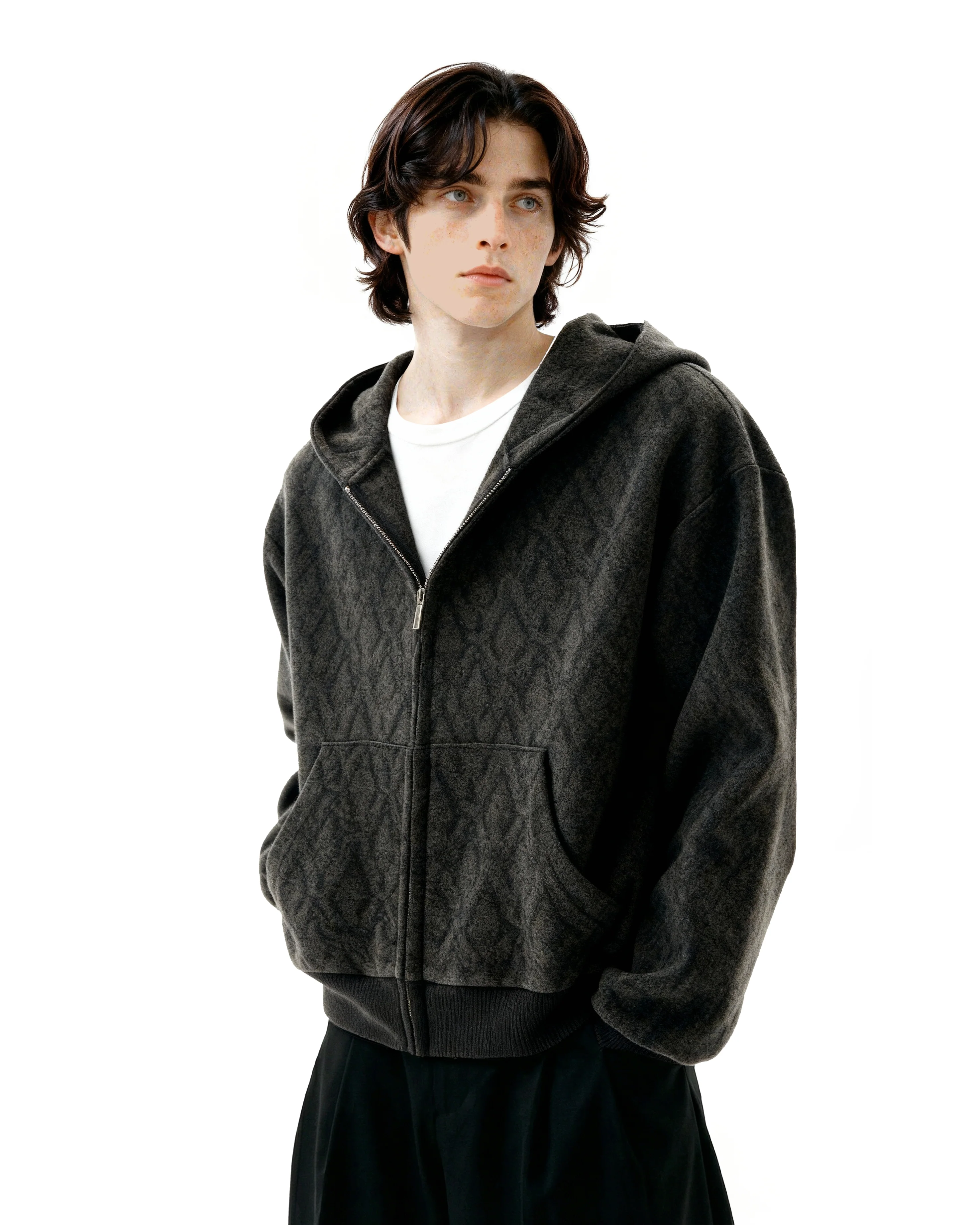 Subtle Pattern Textured Zip-Up Hoodie Jacket - Image 2