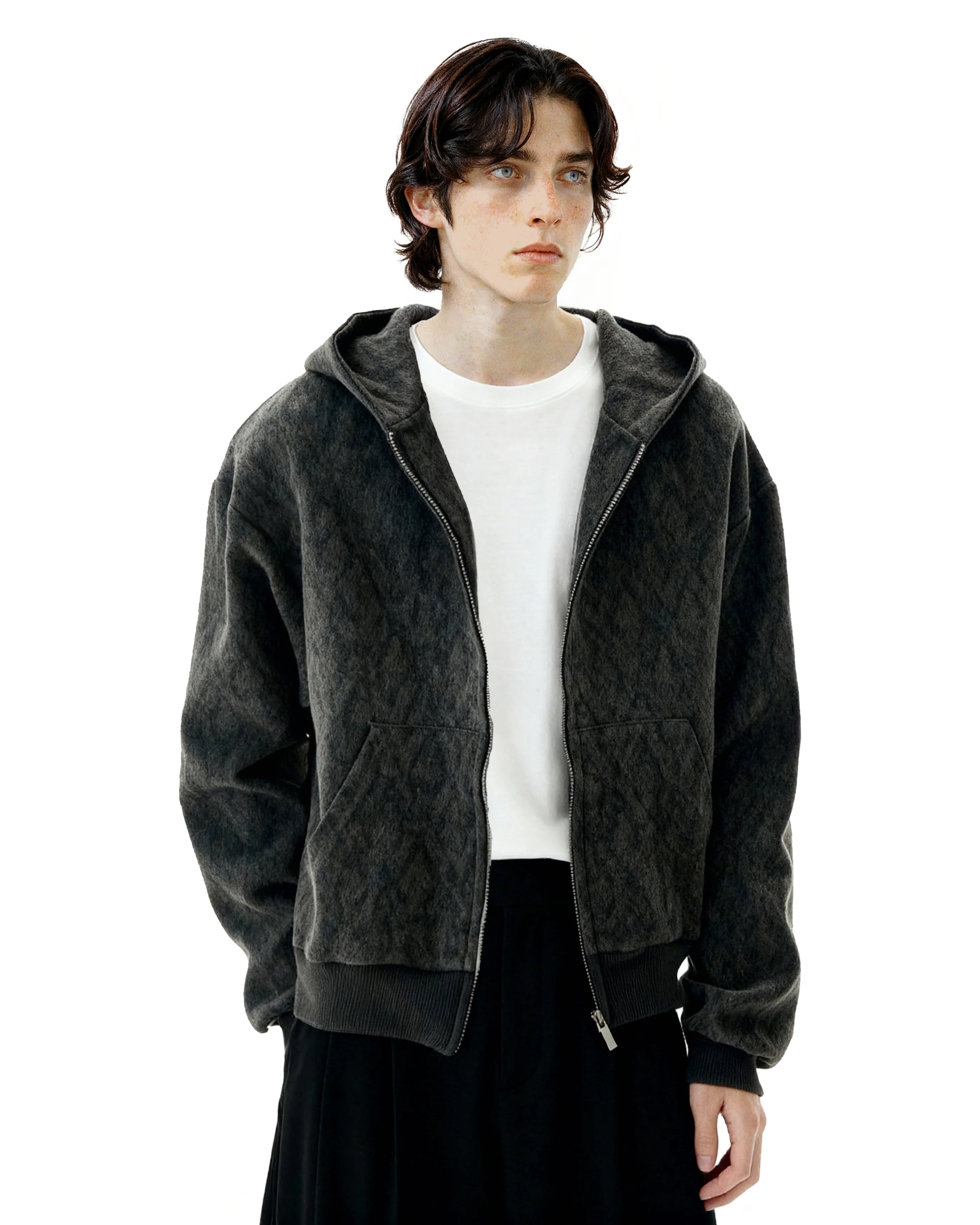 Subtle Pattern Textured Zip-Up Hoodie Jacket - Image 4