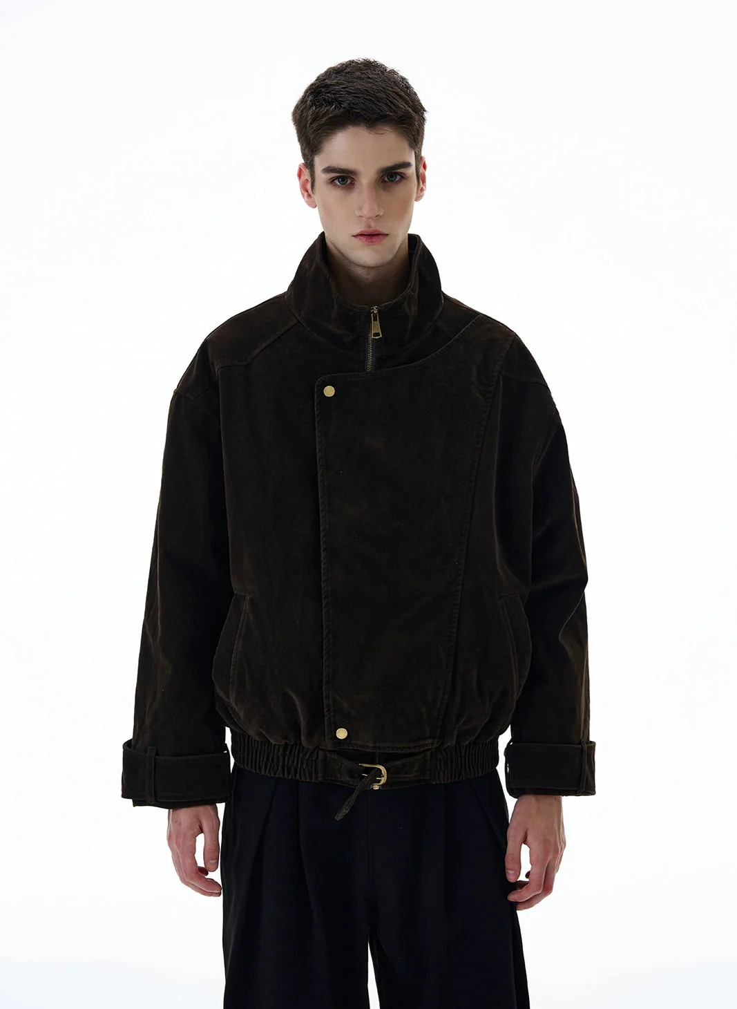 Suede Overlap Button High-Collar Jacket