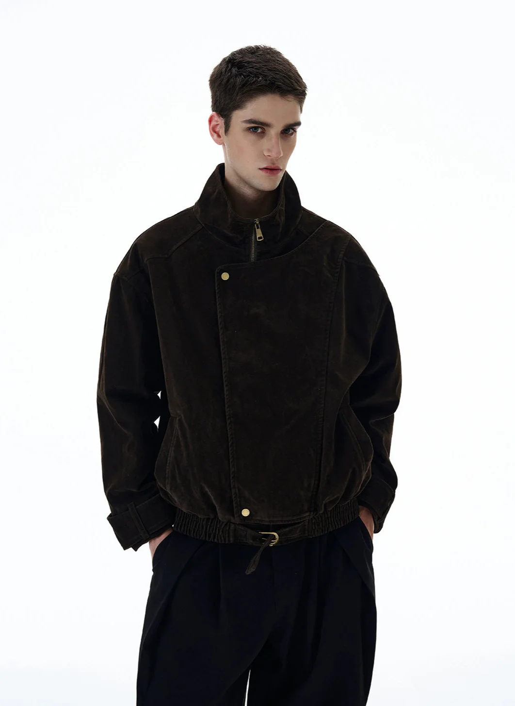 Suede Overlap Button High-Collar Jacket - Image 2