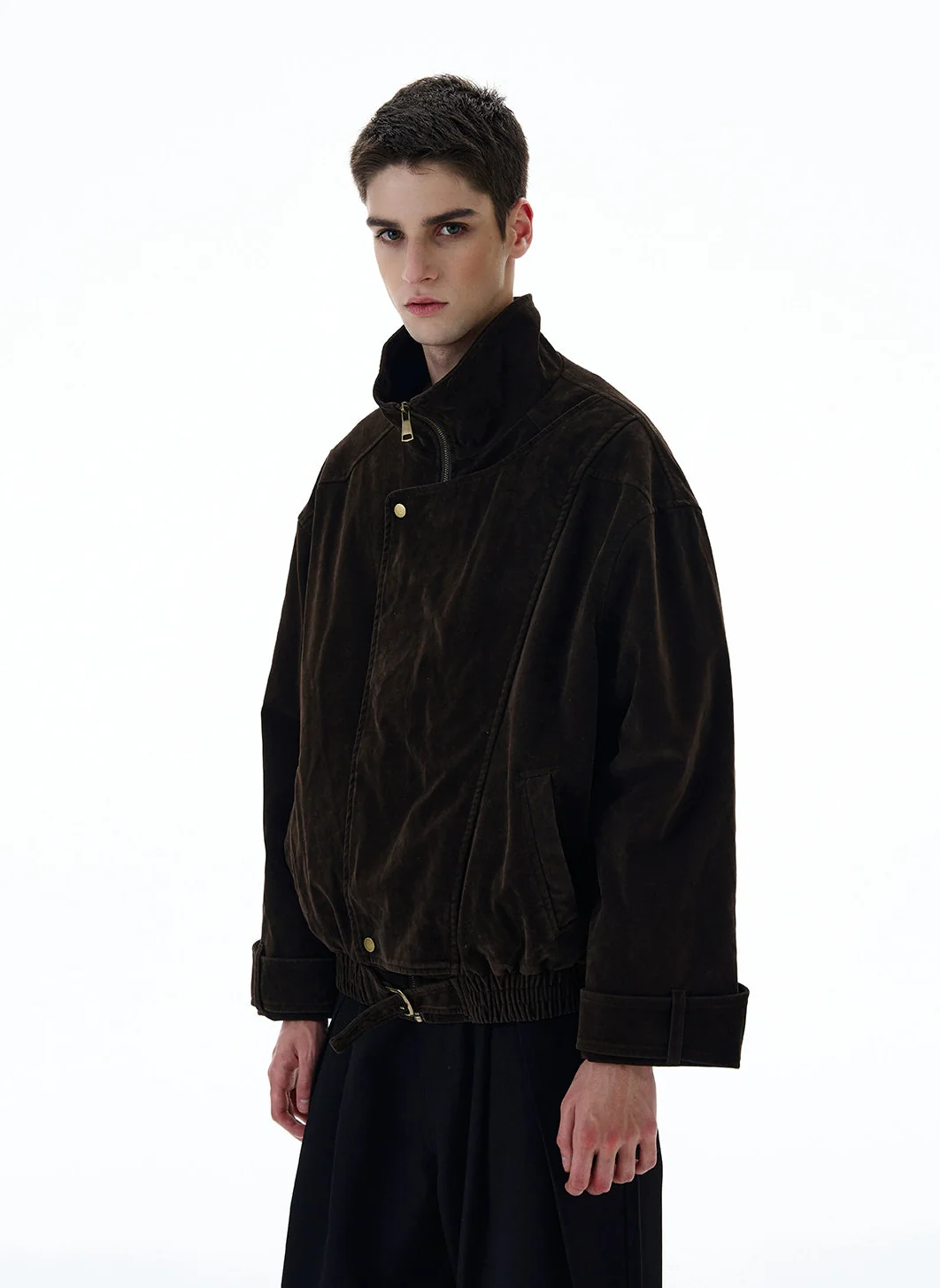 Suede Overlap Button High-Collar Jacket - Image 3