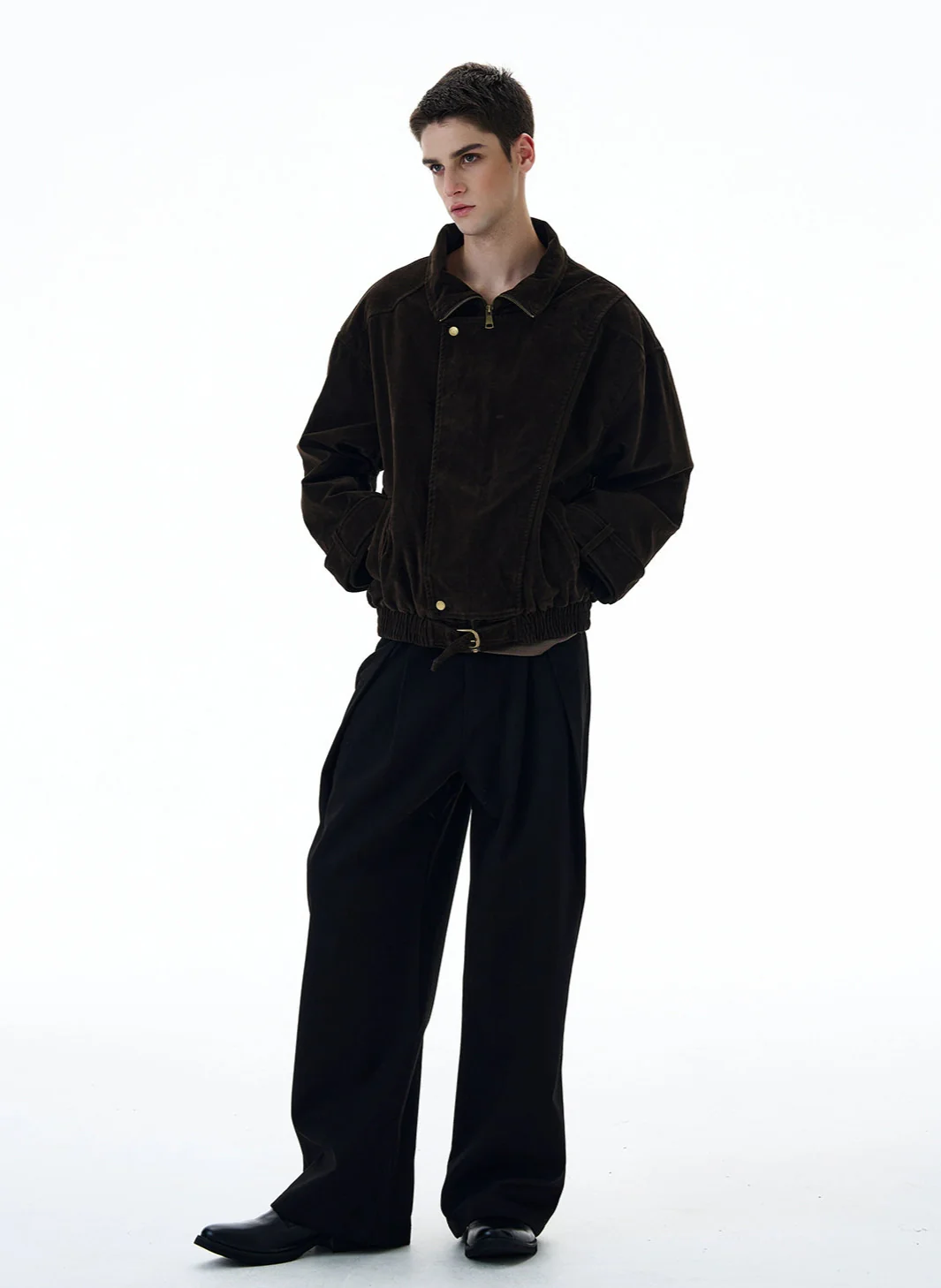 Suede Overlap Button High-Collar Jacket - Image 5