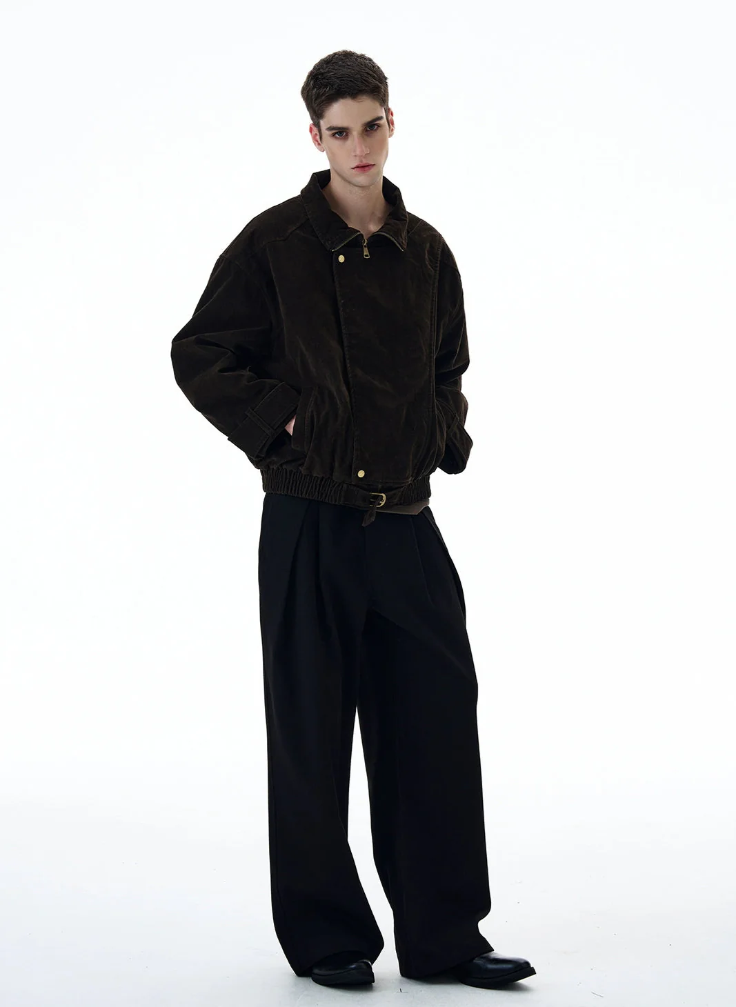 Suede Overlap Button High-Collar Jacket - Image 6
