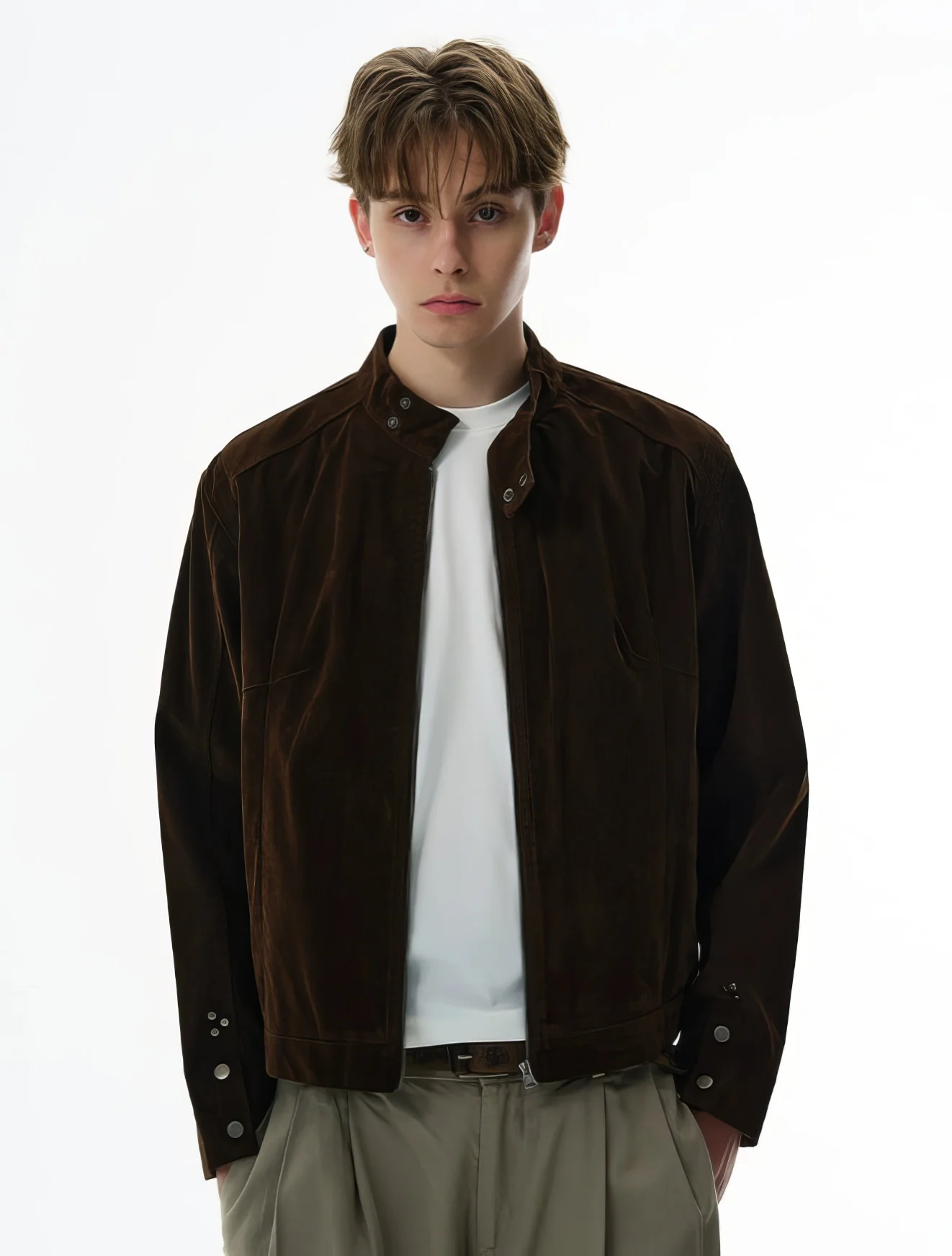 Suede Zip-Up Racer Jacket with Snap Collar and Button Cuffs - Image 2