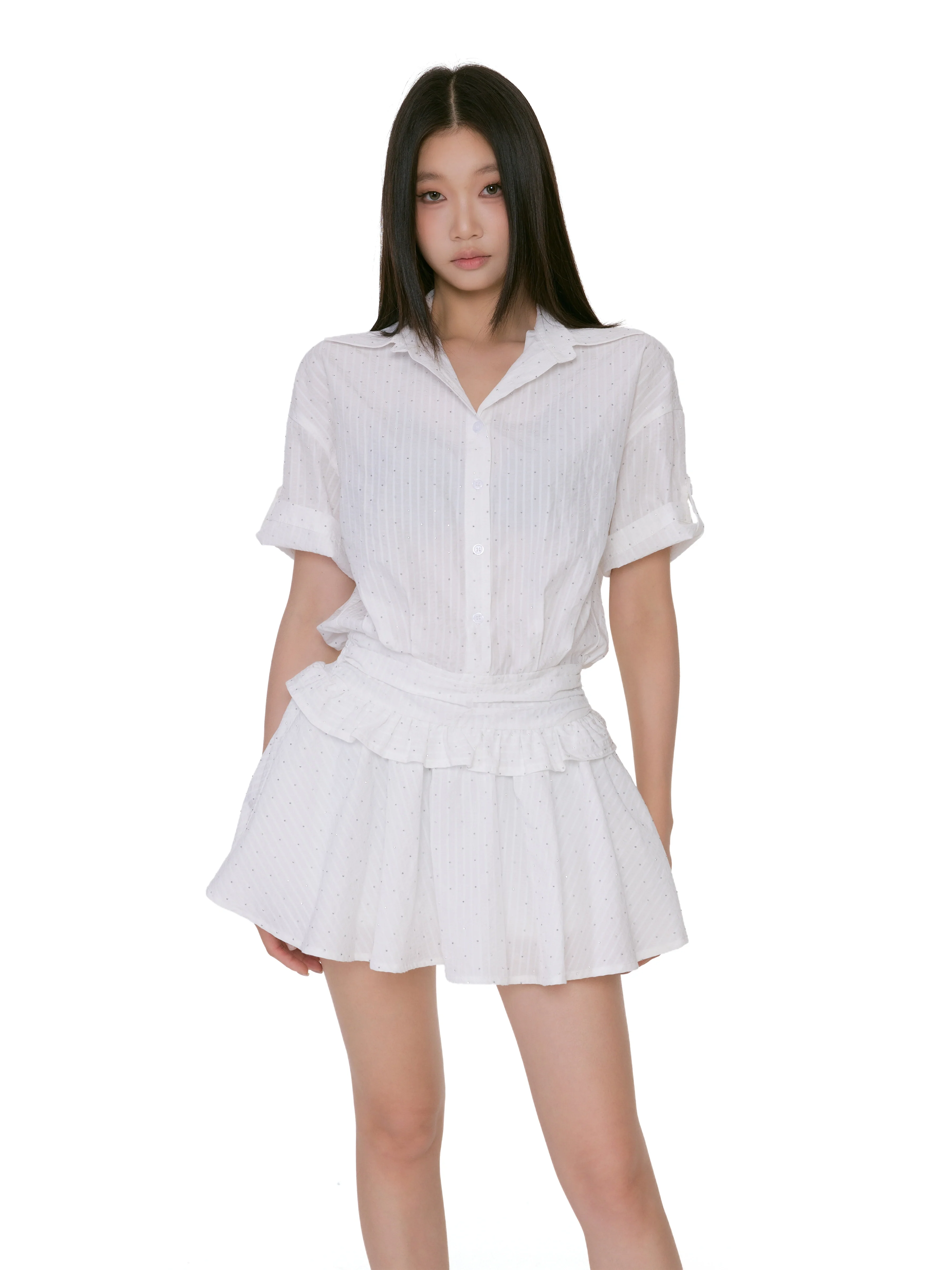 Textured Button-Up Mini Dress Shirt With Ruffle Trim - Image 4
