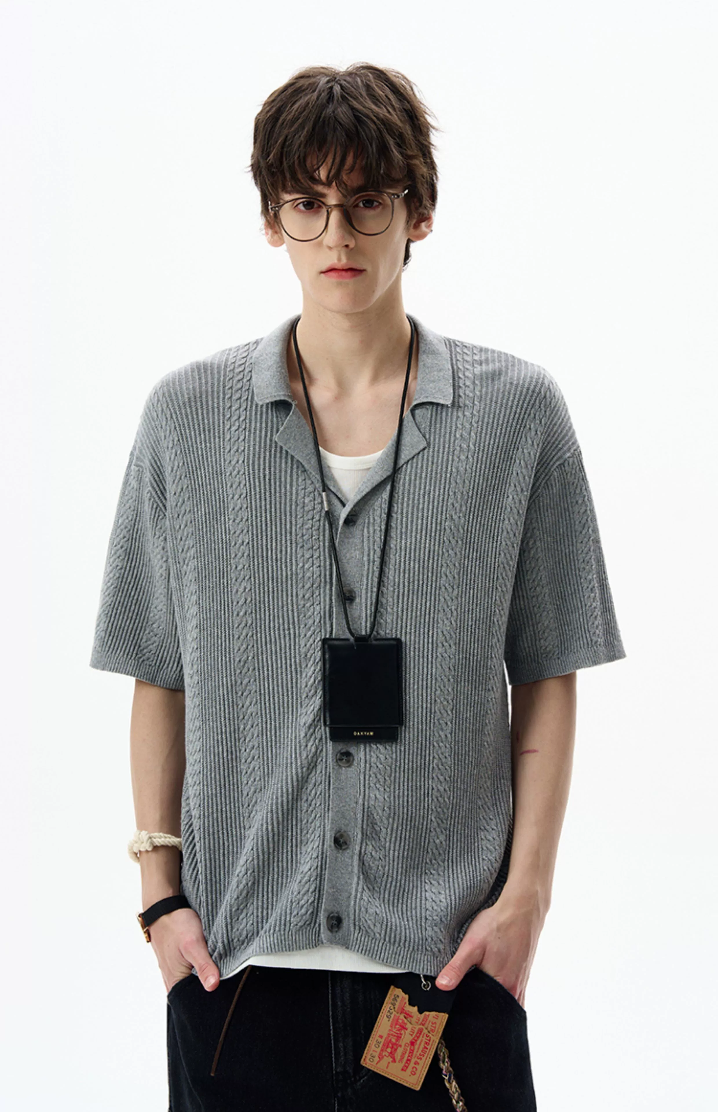 Textured Cable Knit Button-Up Shirt with Spread Collar