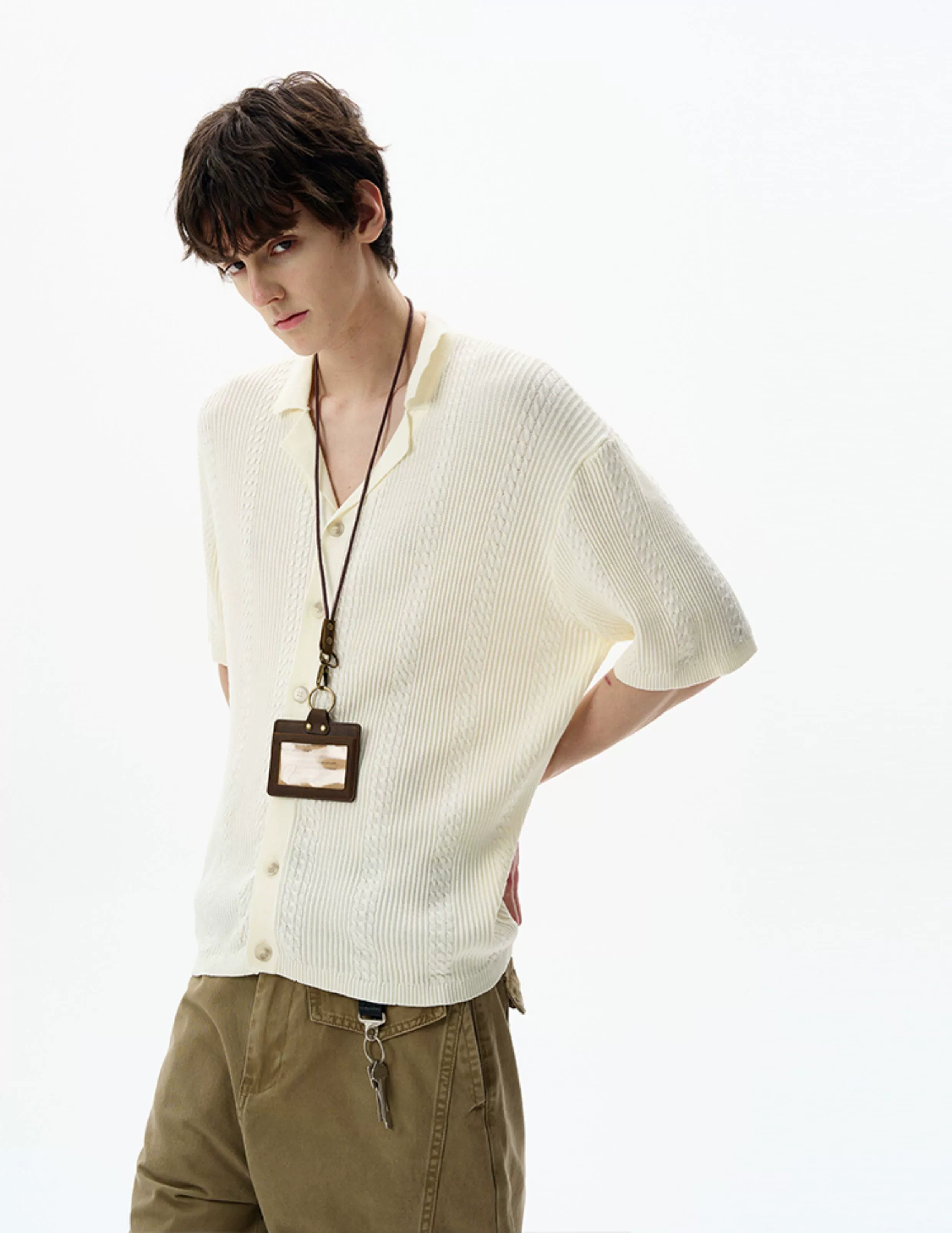 Textured Cable Knit Button-Up Shirt with Spread Collar - Image 10