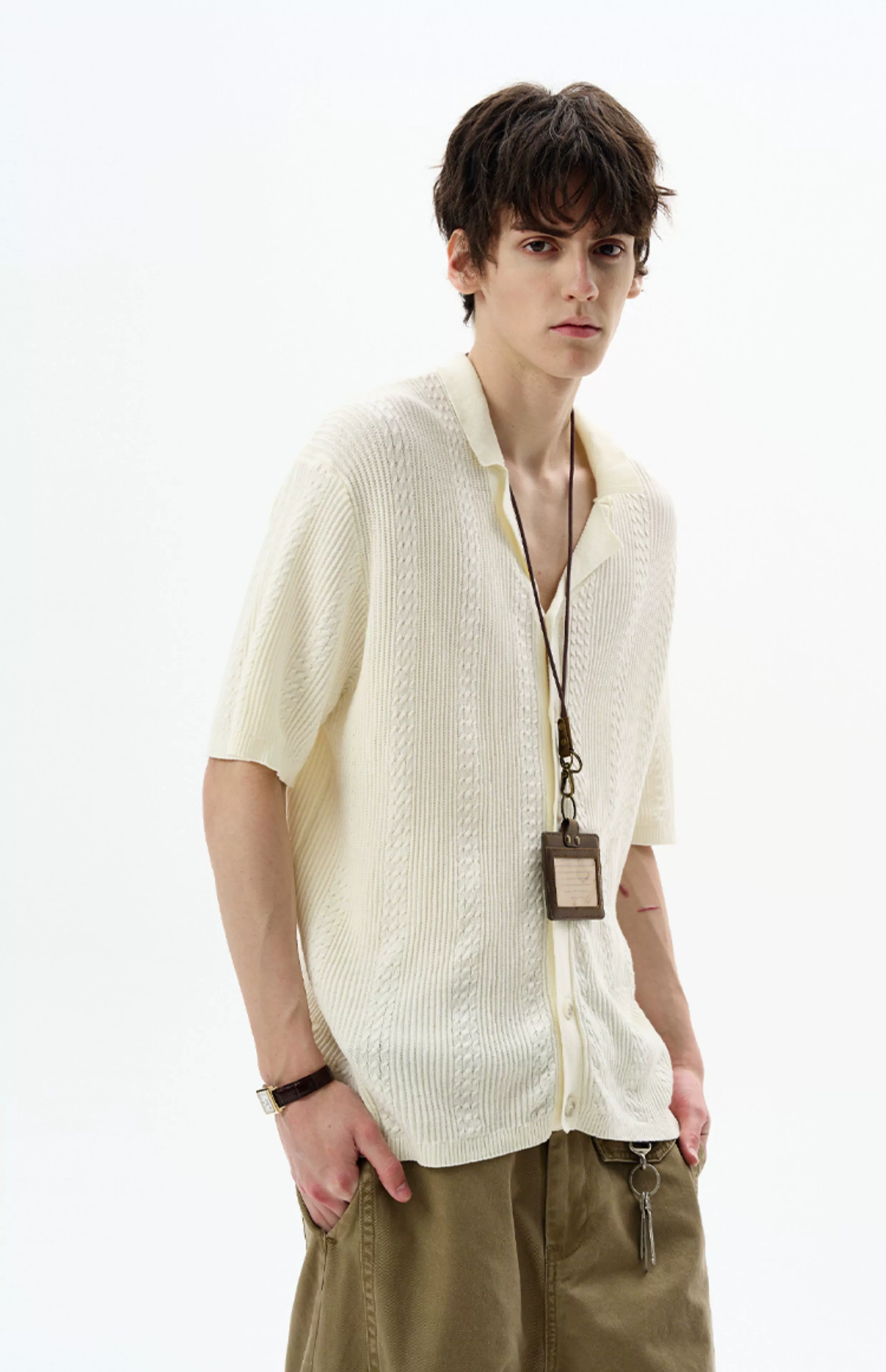 Textured Cable Knit Button-Up Shirt with Spread Collar - Image 11