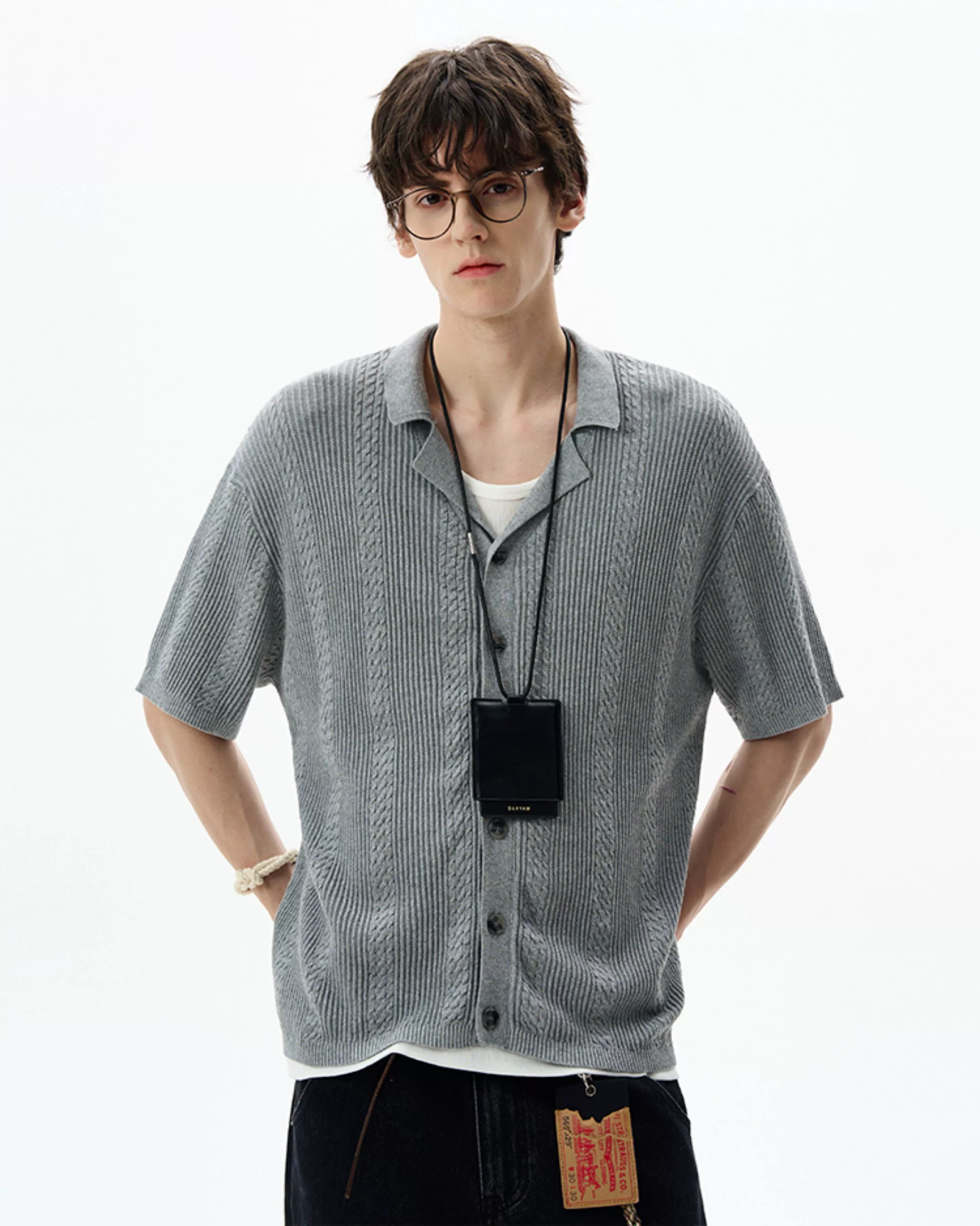 Textured Cable Knit Button-Up Shirt with Spread Collar - Image 2