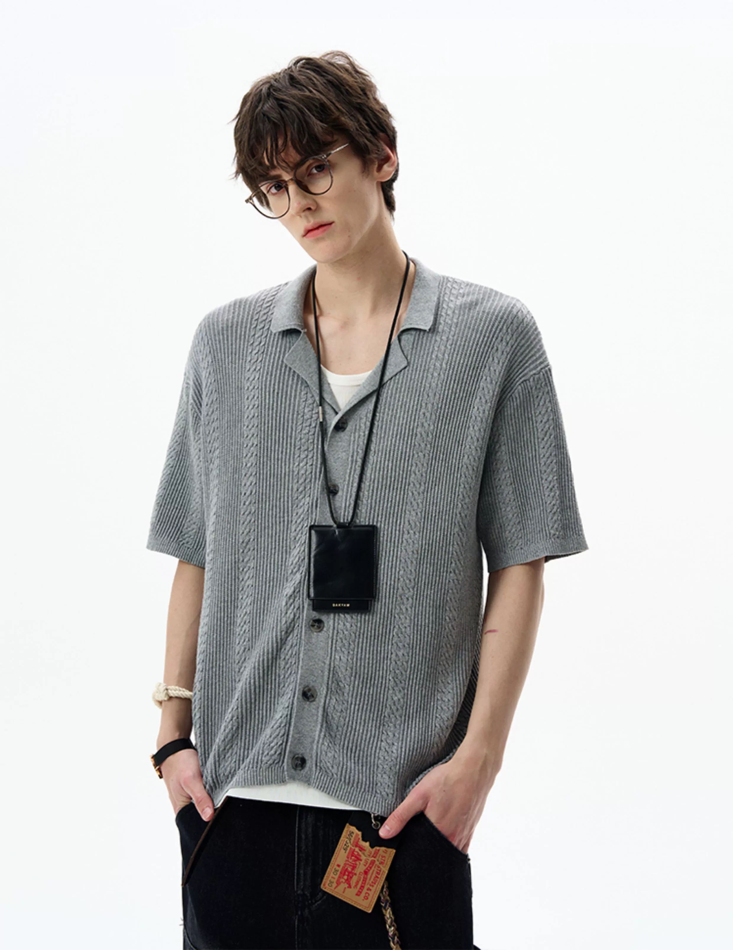 Textured Cable Knit Button-Up Shirt with Spread Collar - Image 3
