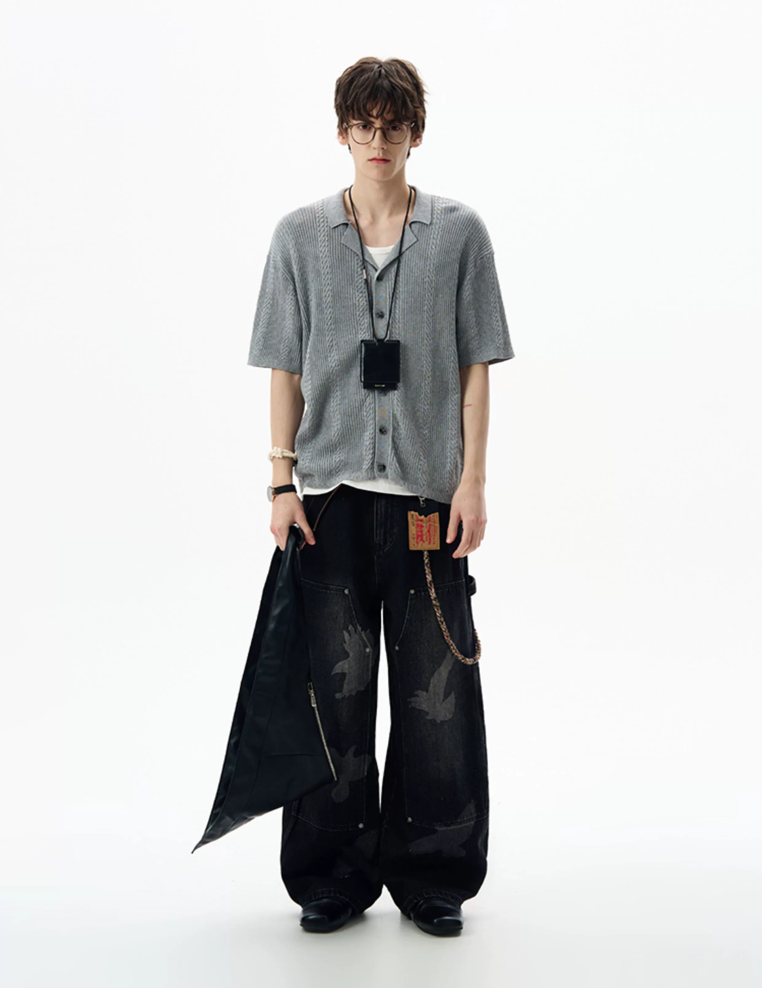 Textured Cable Knit Button-Up Shirt with Spread Collar - Image 4