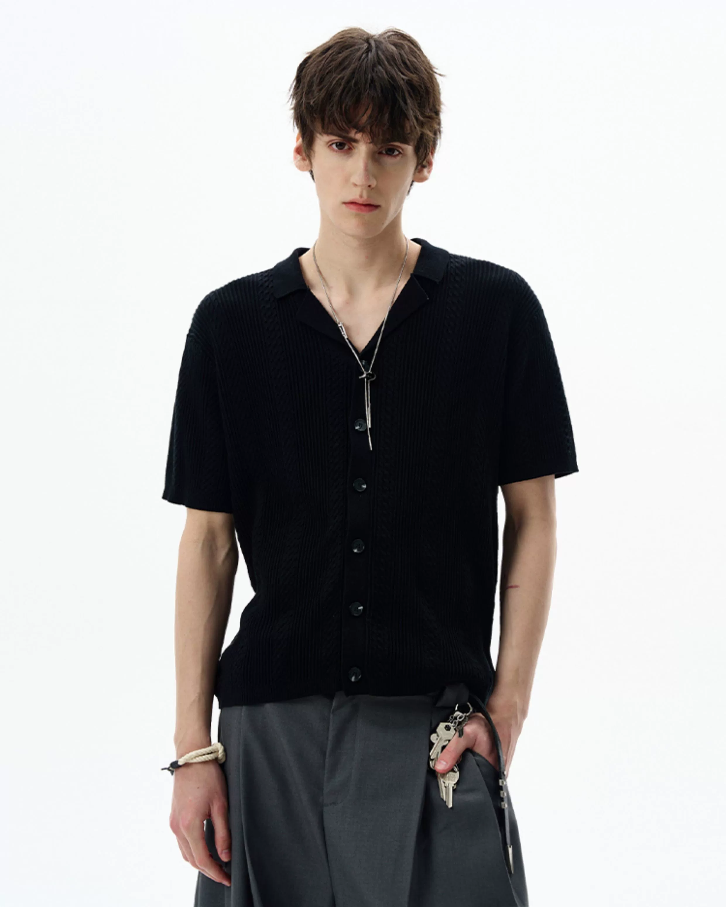 Textured Cable Knit Button-Up Shirt with Spread Collar - Image 5