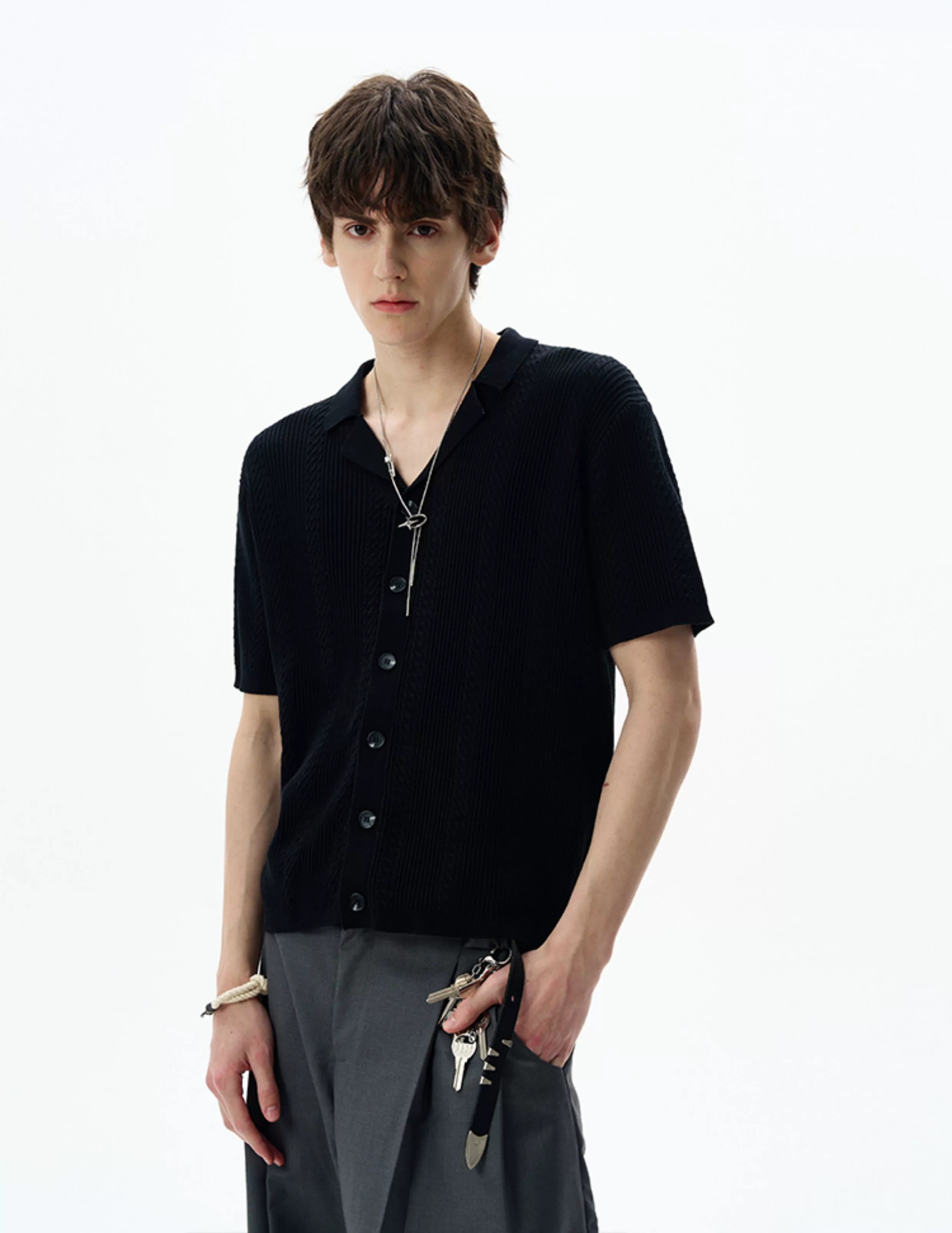 Textured Cable Knit Button-Up Shirt with Spread Collar - Image 6