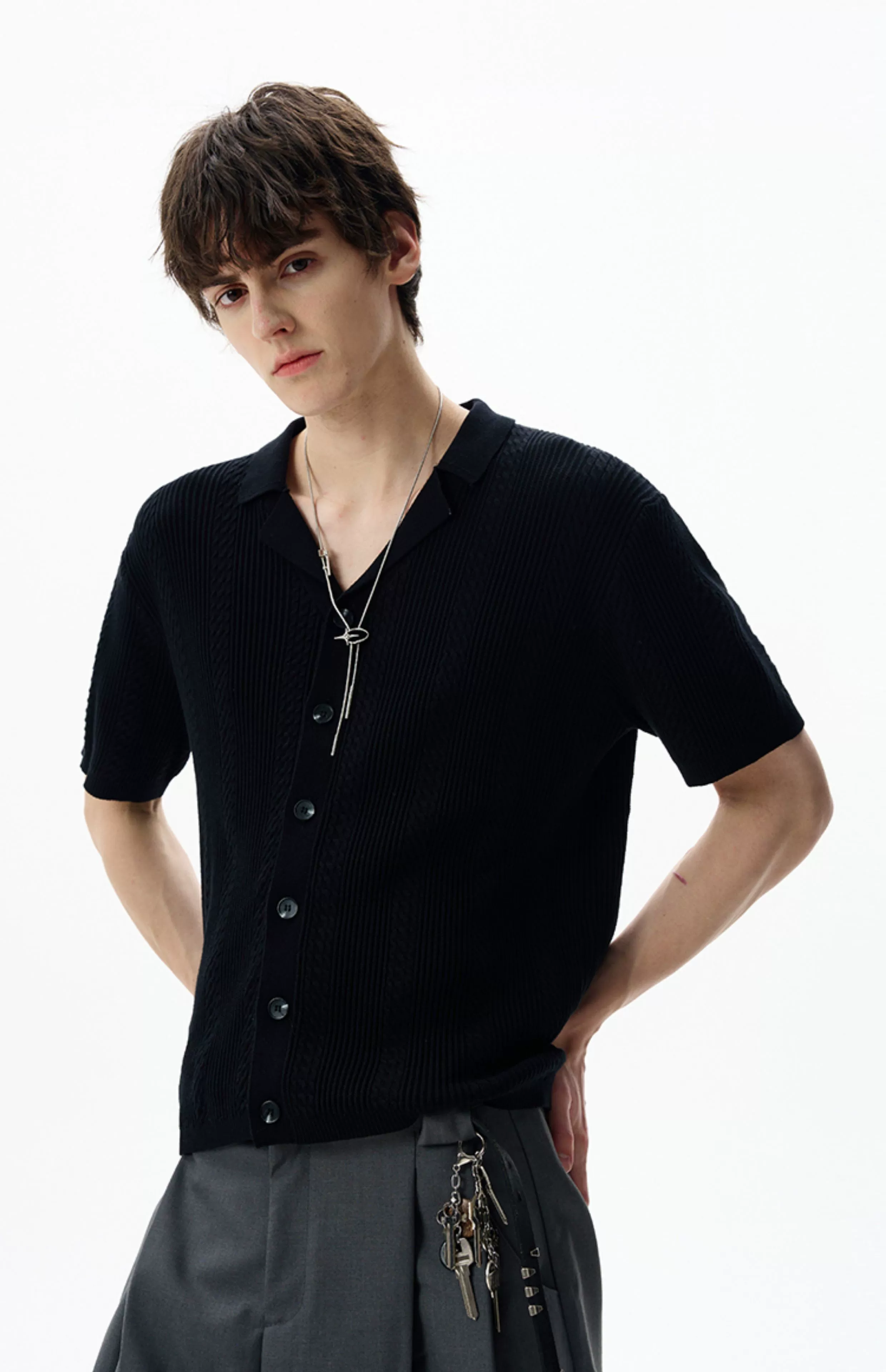 Textured Cable Knit Button-Up Shirt with Spread Collar - Image 7