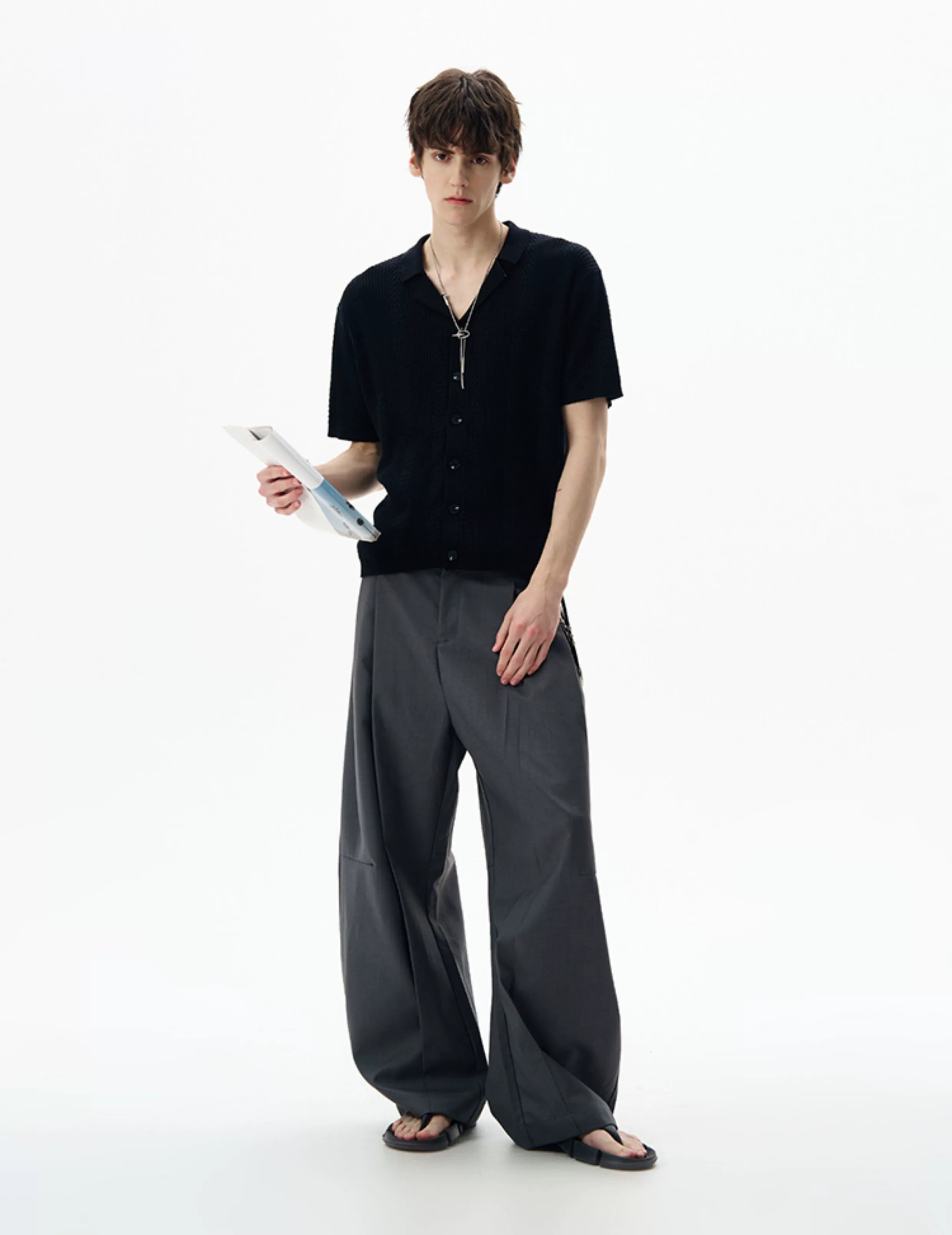 Textured Cable Knit Button-Up Shirt with Spread Collar - Image 8