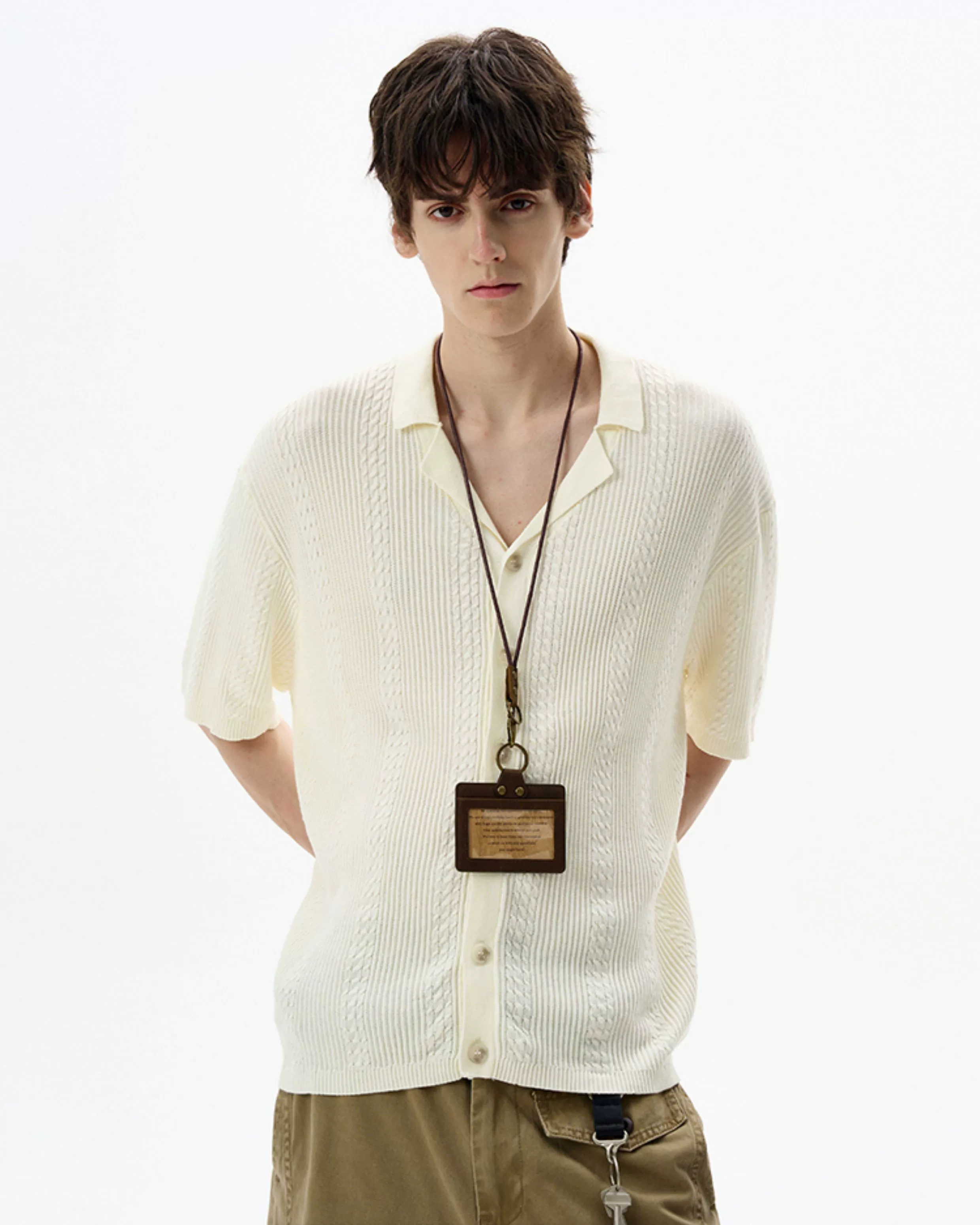 Textured Cable Knit Button-Up Shirt with Spread Collar - Image 9