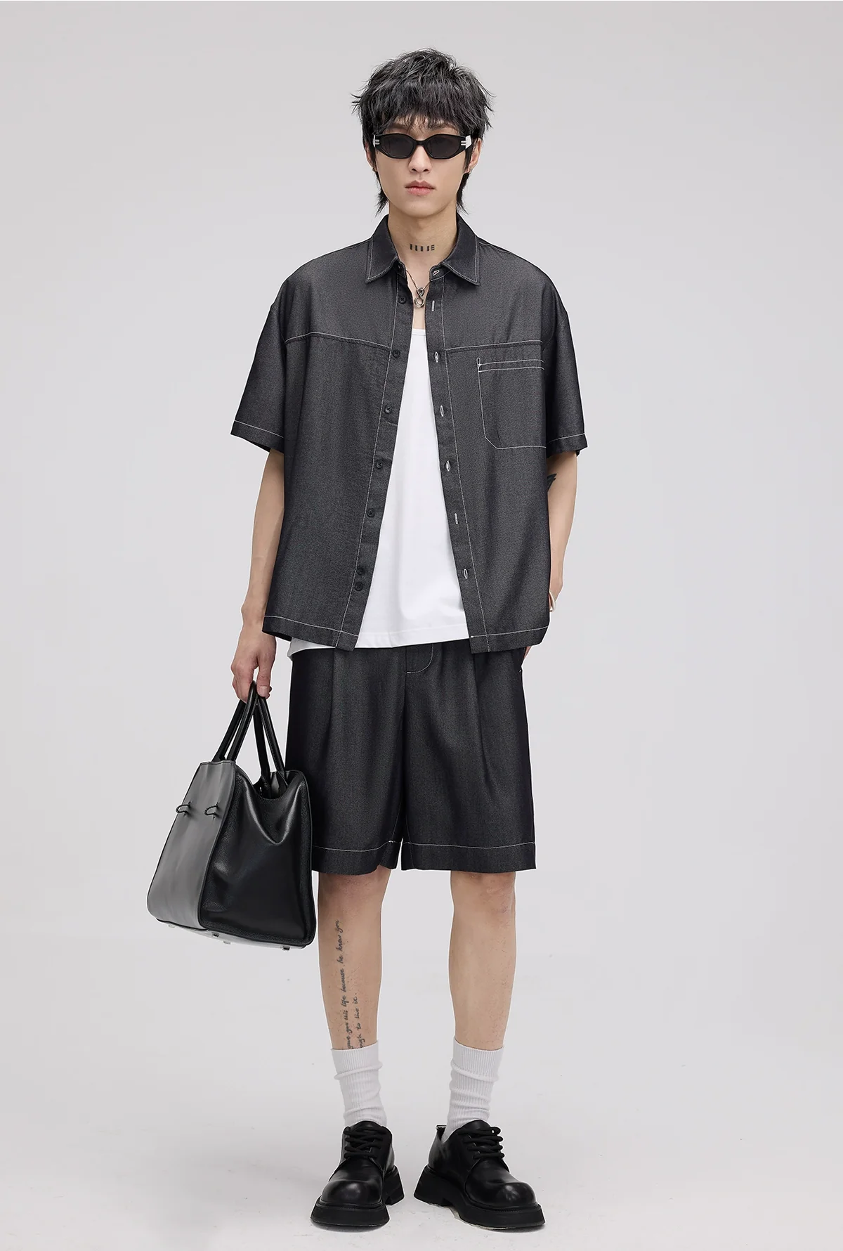 Textured Contrast Stitching Short Sleeve Button Shirt - Image 7