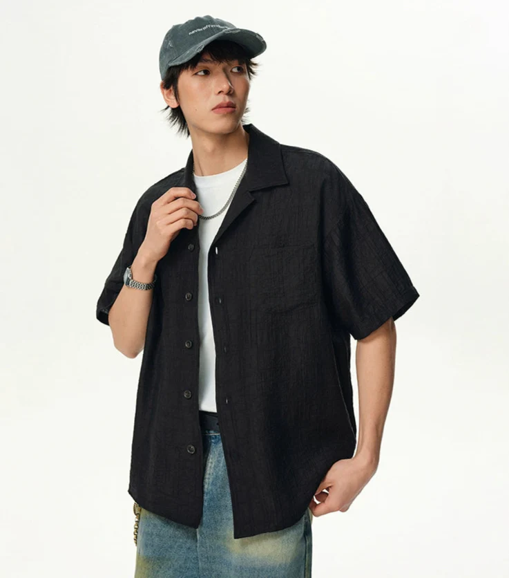 Textured Crinkle Short Sleeve Camp Collar Shirt - Image 6